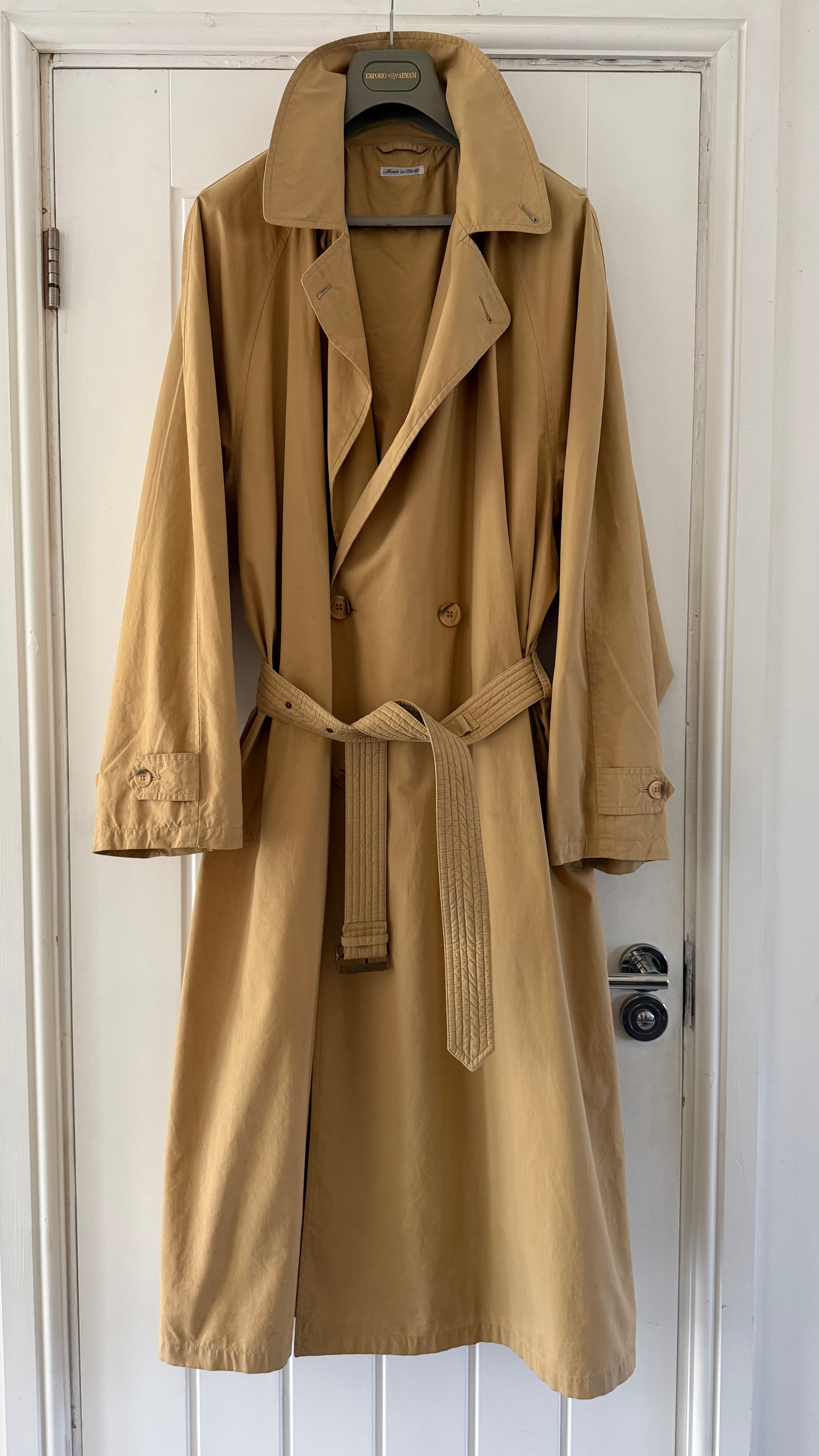 Giorgio Armani 1980s Cotton Belted Long Trench Coat Taupe Beige - Size M