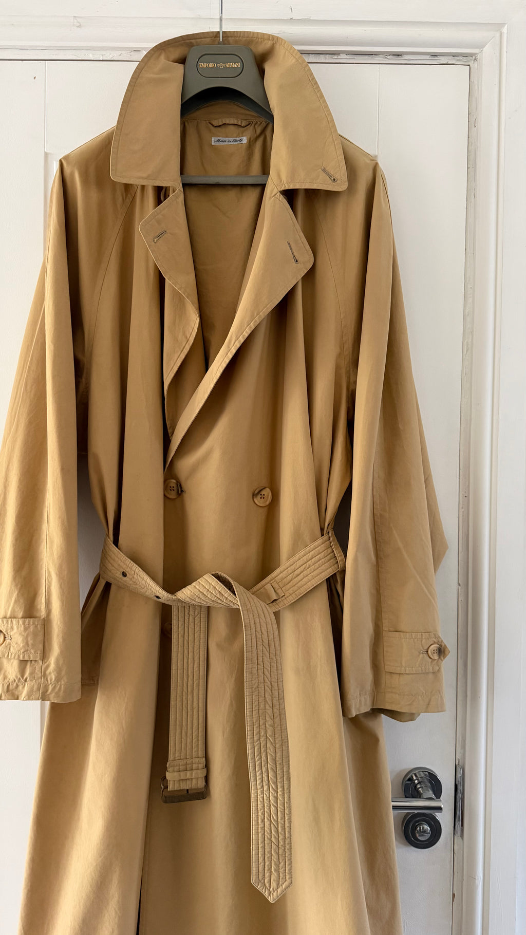 Giorgio Armani 1980s Cotton Belted Long Trench Coat Taupe Beige - Size M