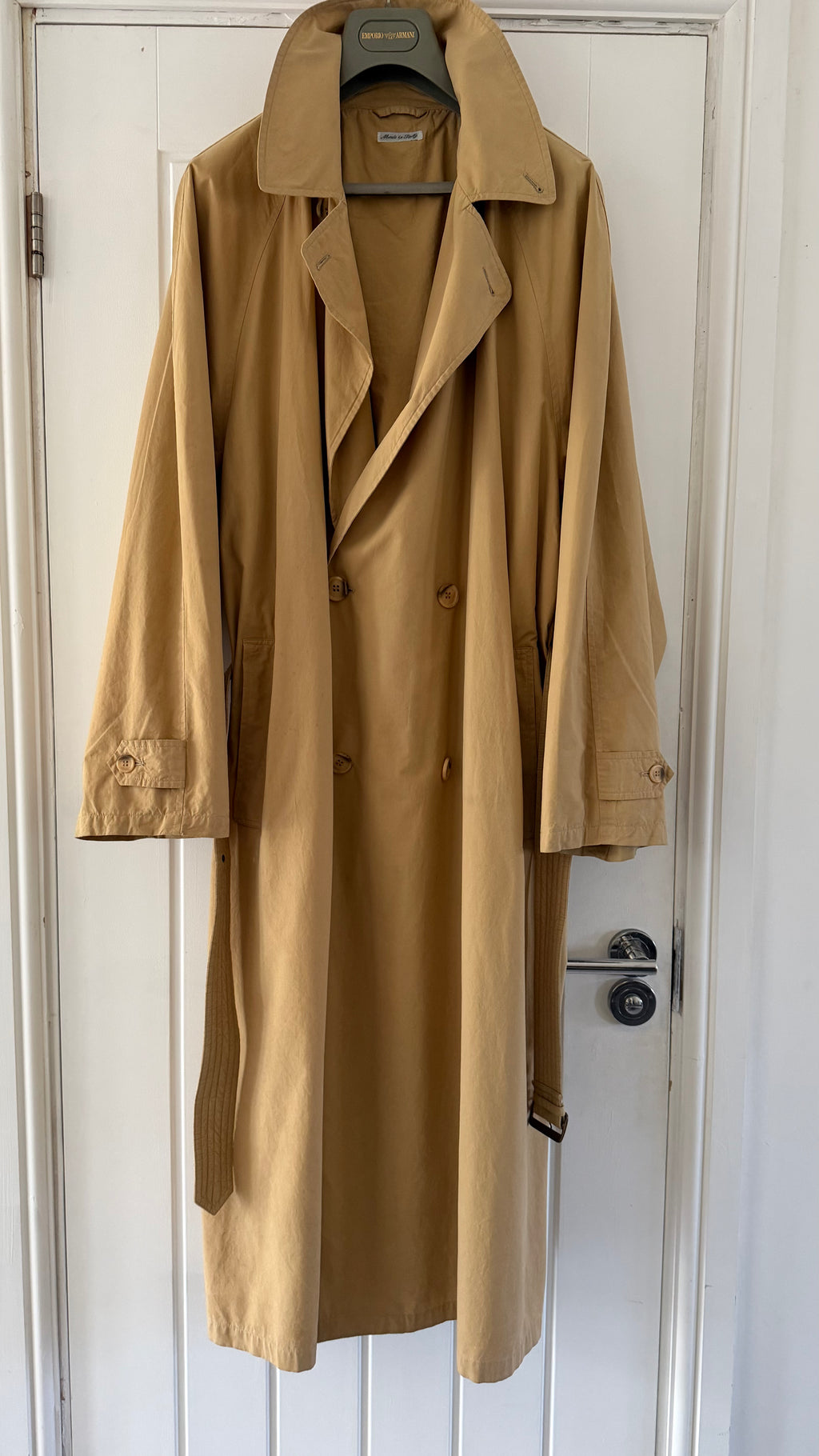 Giorgio Armani 1980s Cotton Belted Long Trench Coat Taupe Beige - Size M