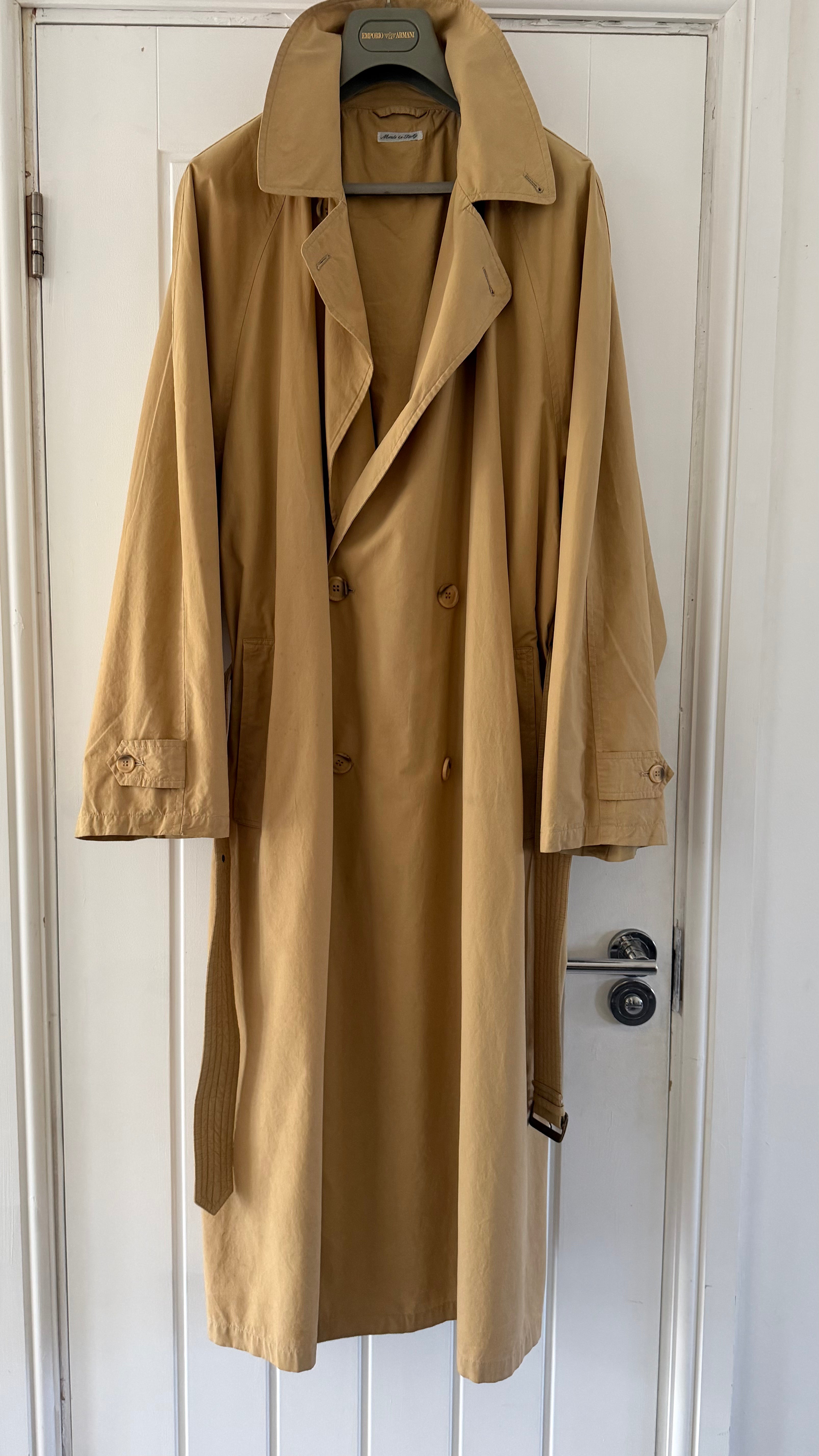 Giorgio Armani 1980s Cotton Belted Long Trench Coat Taupe Beige - Size M