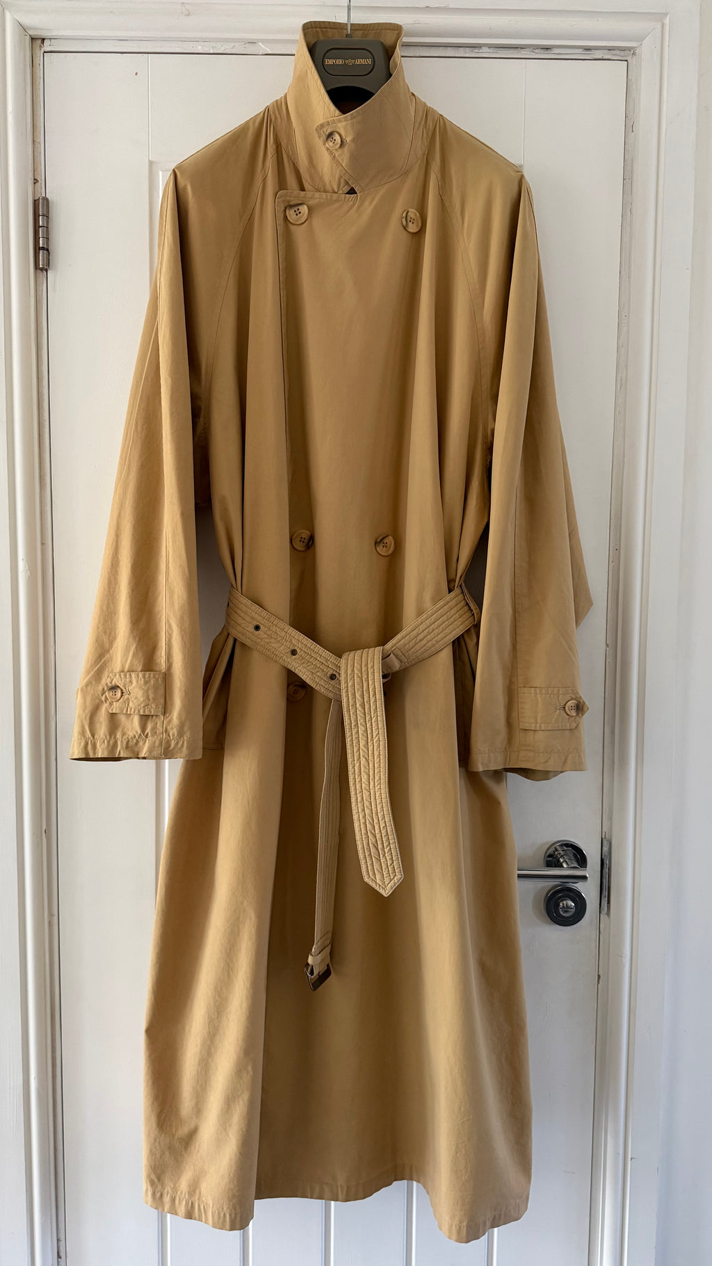 Giorgio Armani 1980s Cotton Belted Long Trench Coat Taupe Beige - Size M