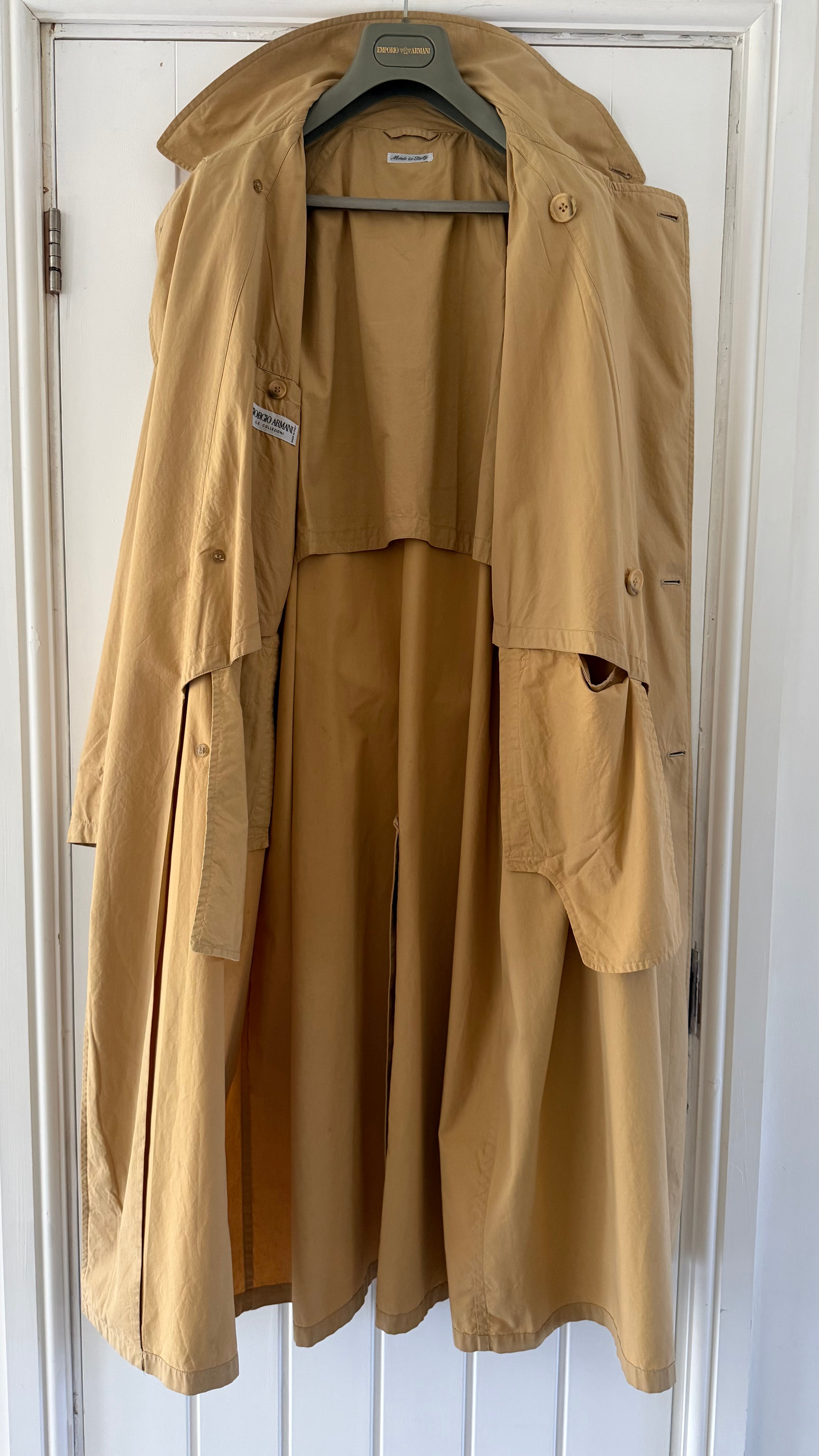 Giorgio Armani 1980s Cotton Belted Long Trench Coat Taupe Beige - Size M