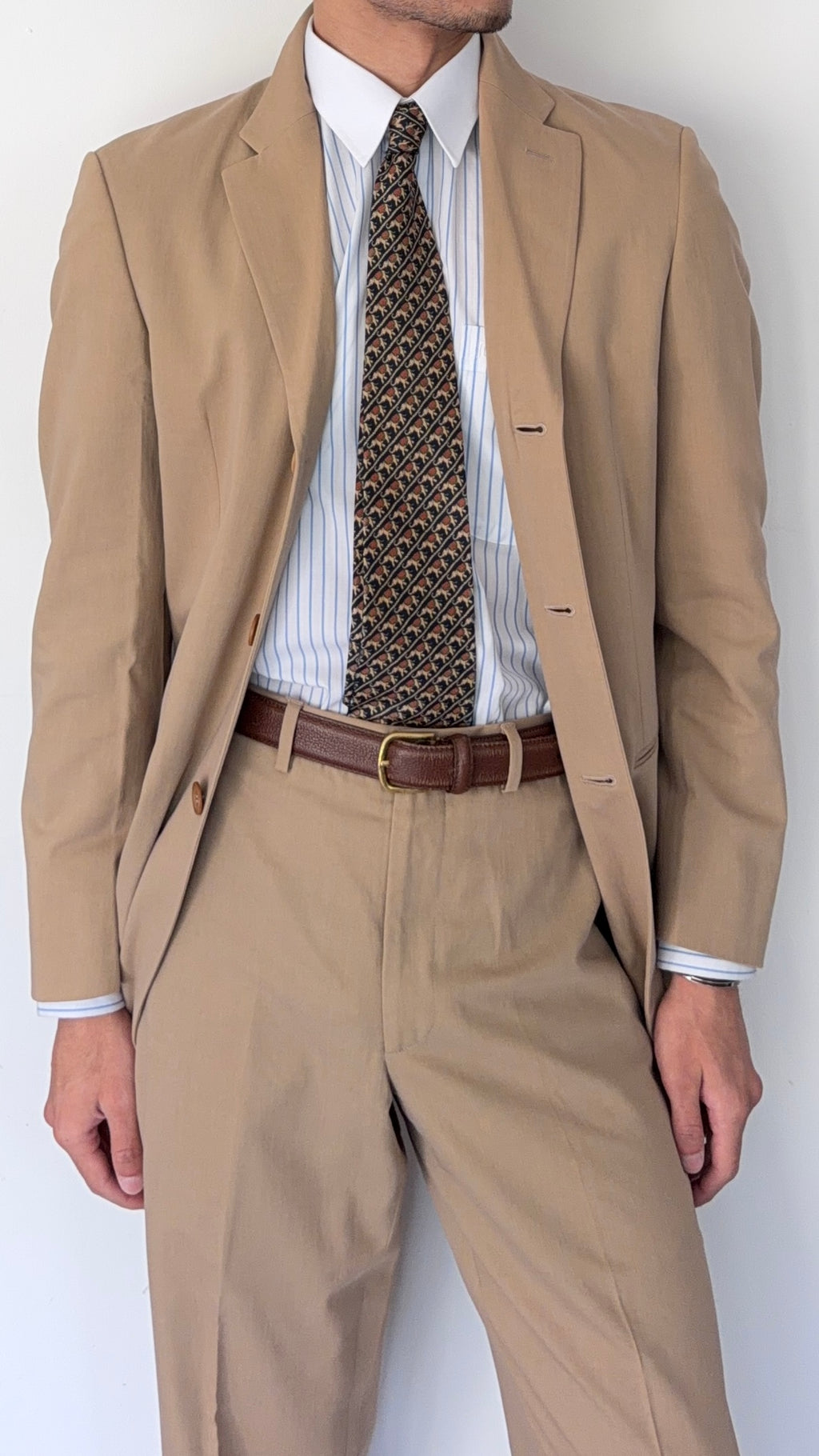 Giorgio Armani Black Label 1990s Taupe Beige 3B Cotton Suit - Size S Jacket / 30" Waist