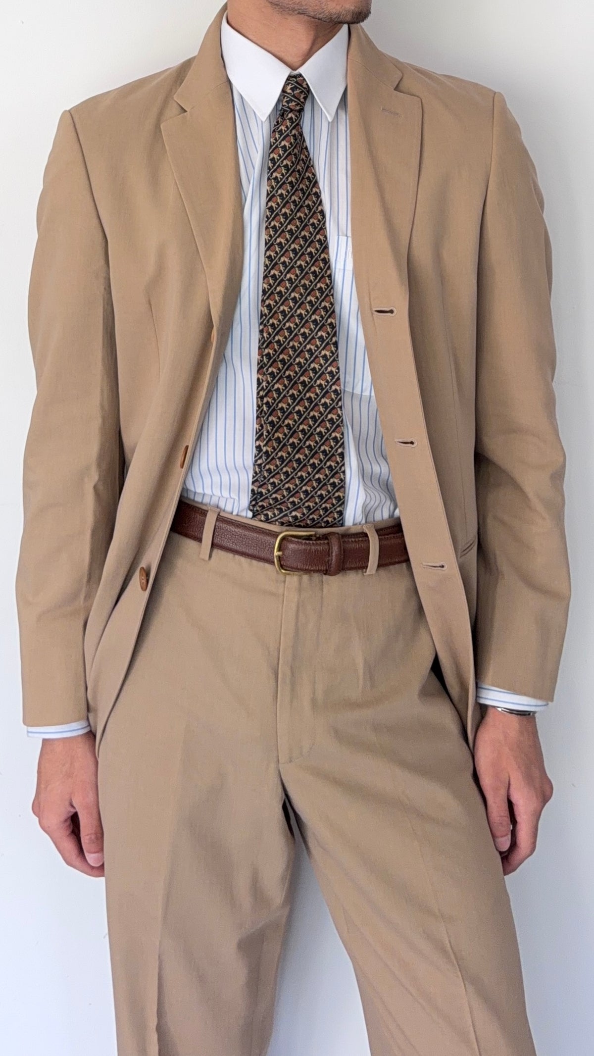Giorgio Armani Black Label 1990s Taupe Beige 3B Cotton Suit - Size S Jacket / 30" Waist