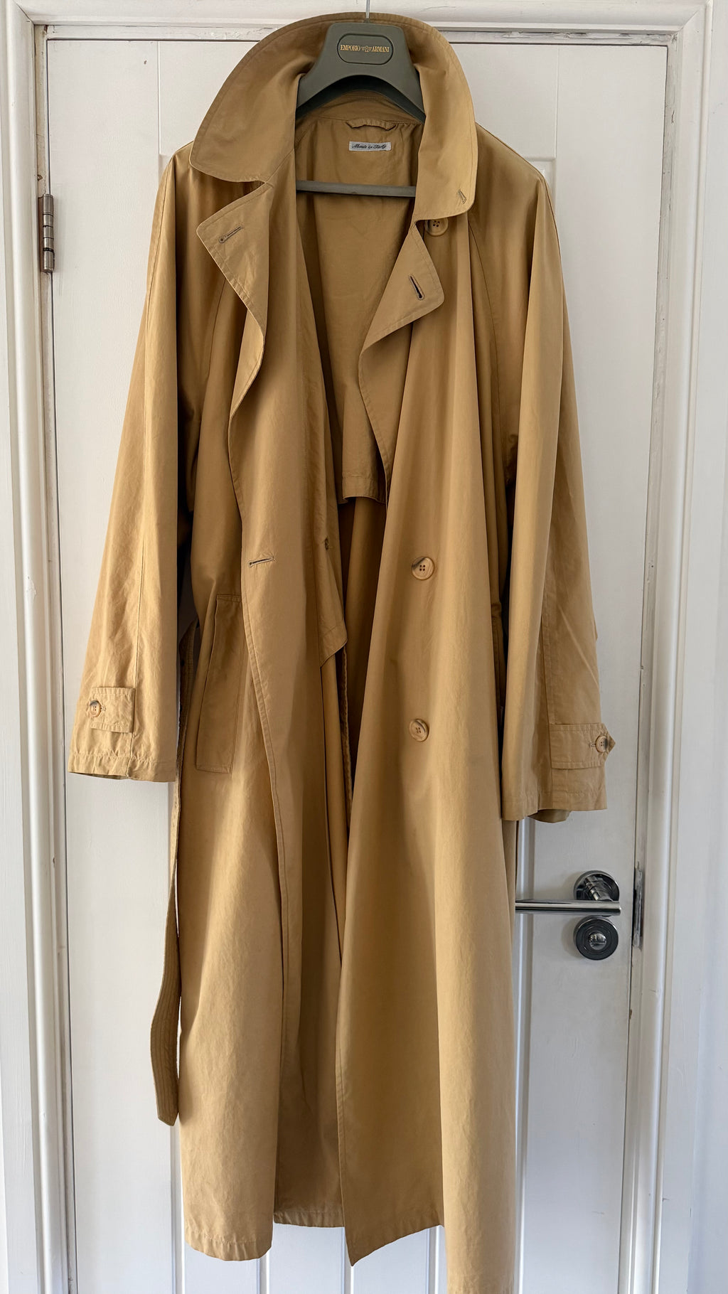 Giorgio Armani 1980s Cotton Belted Long Trench Coat Taupe Beige - Size M