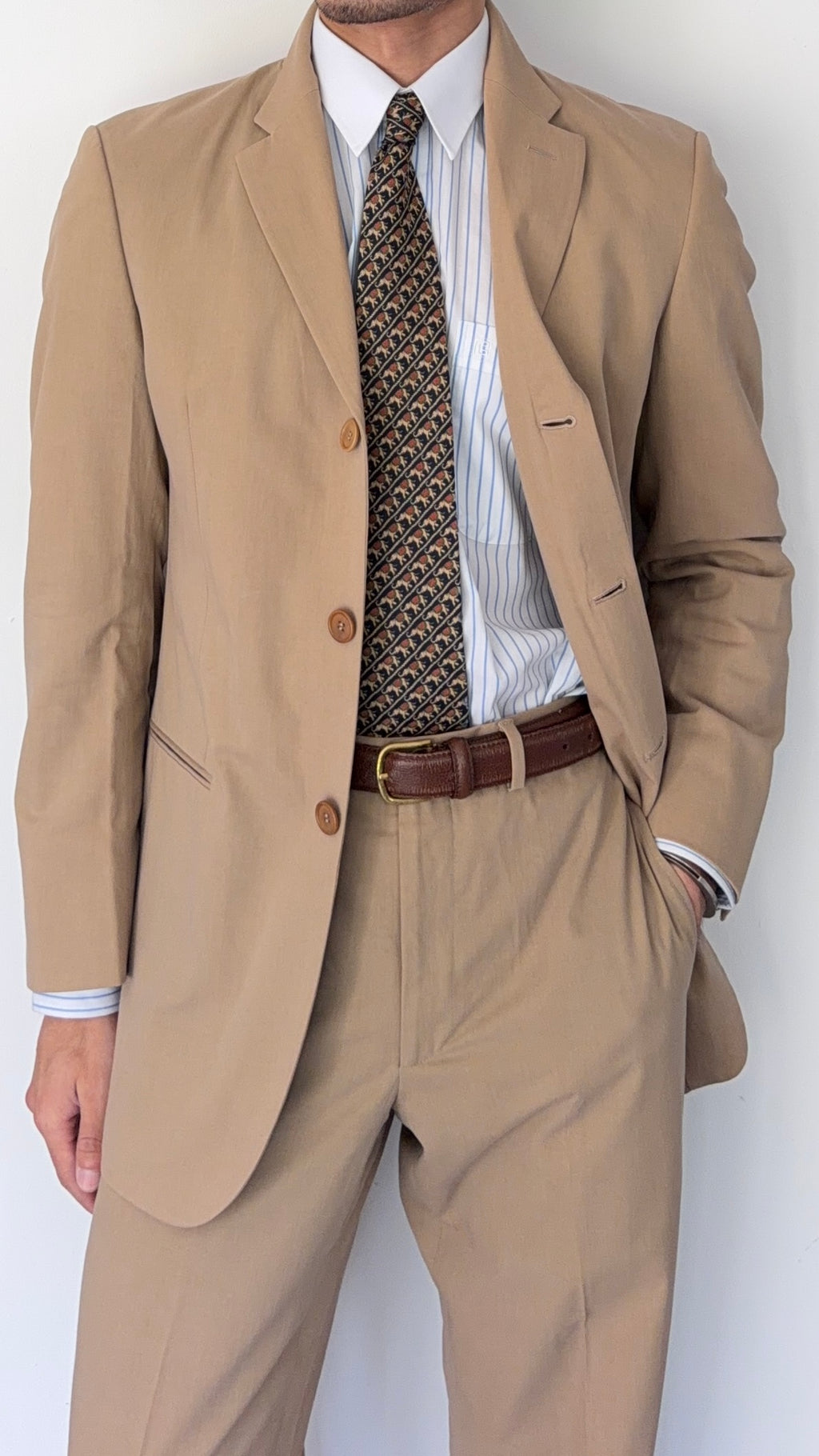 Giorgio Armani Black Label 1990s Taupe Beige 3B Cotton Suit - Size S Jacket / 30" Waist