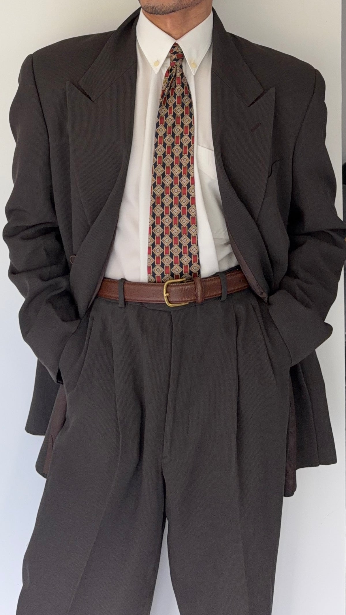 Giorgio Armani 1980s Peaked Lapel Double Breasted Pleated Viscose Wool Suit Espresso Charcoal - Size XL Jacket / 32"