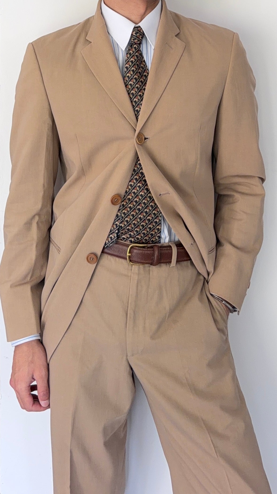 Giorgio Armani Black Label 1990s Taupe Beige 3B Cotton Suit - Size S Jacket / 30" Waist