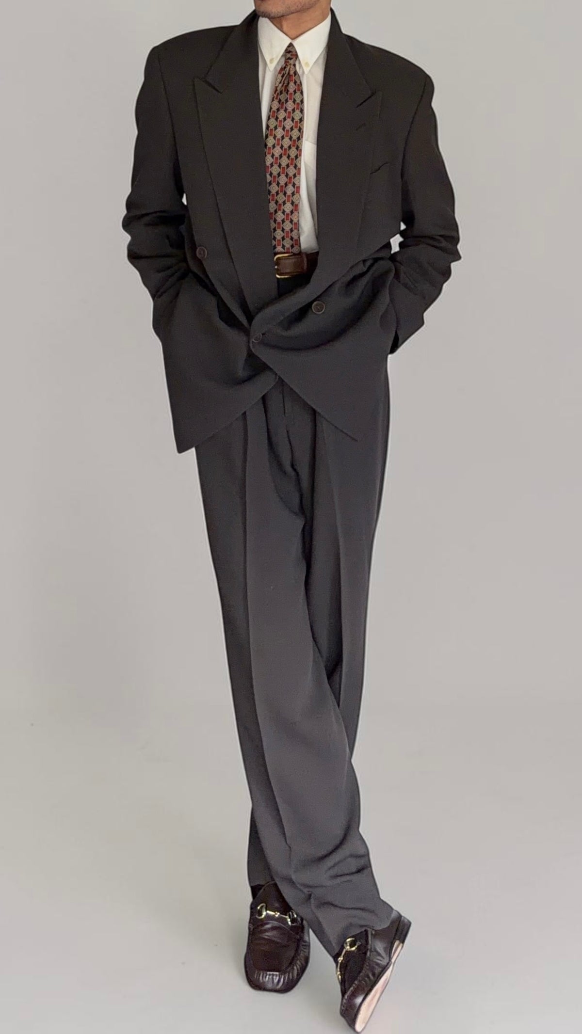 Giorgio Armani 1980s Peaked Lapel Double Breasted Pleated Viscose Wool Suit Espresso Charcoal - Size XL Jacket / 32"