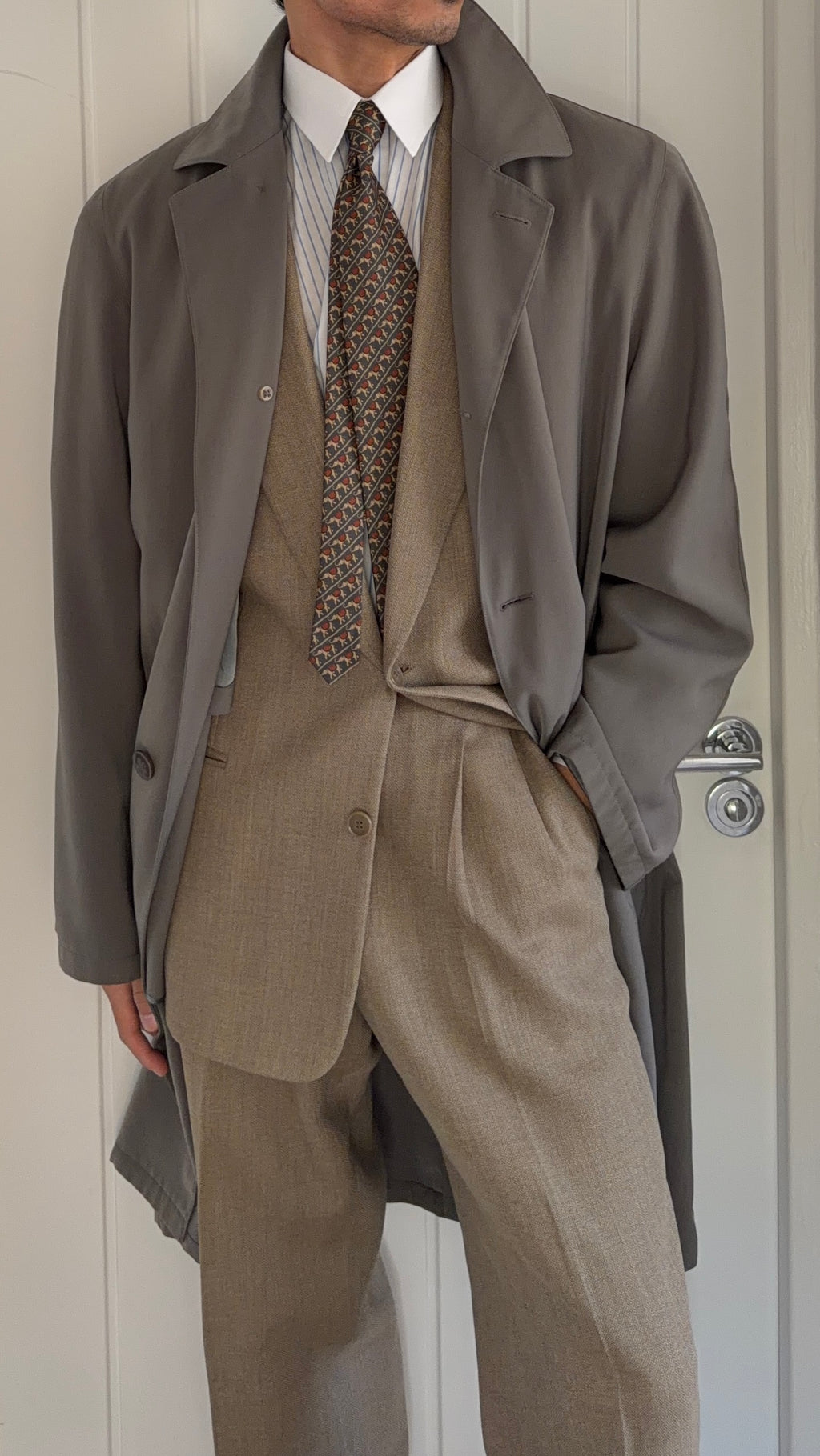 Giorgio Armani 1980s Draped Balmacaan Overcoat Taupe Grey - Size M
