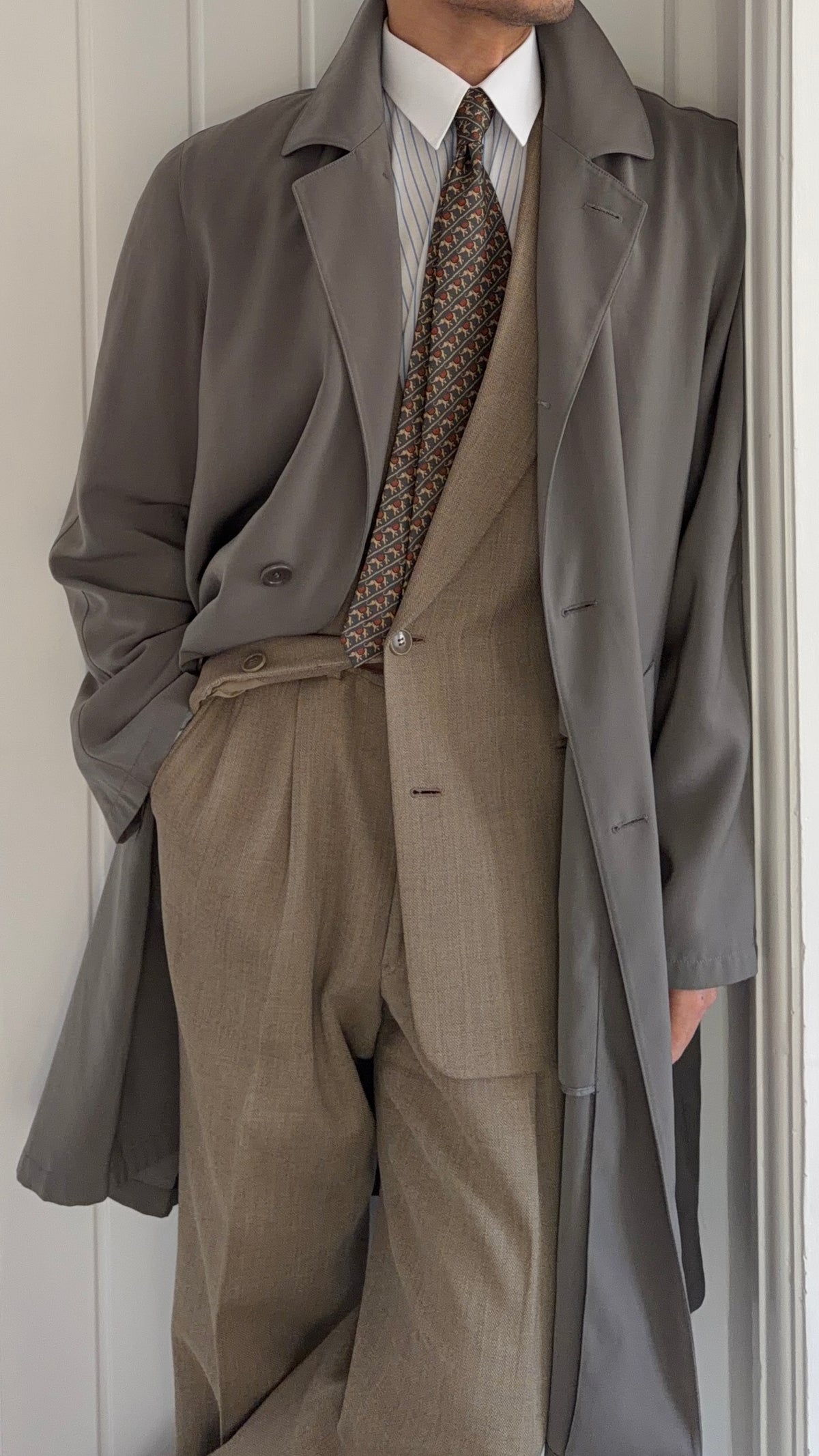 Giorgio Armani 1980s Draped Balmacaan Overcoat Taupe Grey - Size M