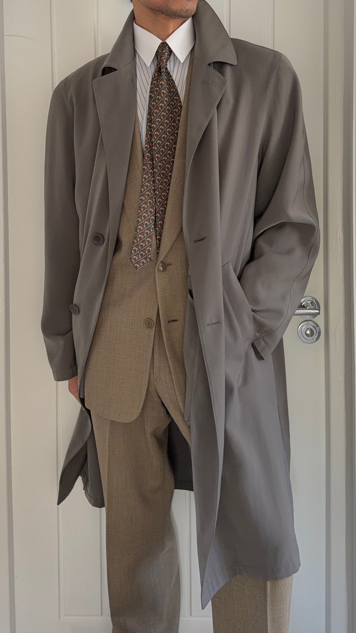 Giorgio Armani 1980s Draped Balmacaan Overcoat Taupe Grey - Size M