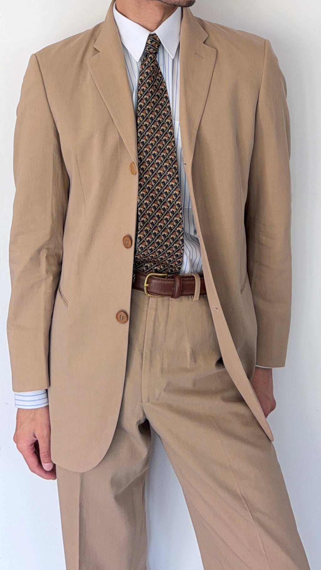 Giorgio Armani Black Label 1990s Taupe Beige 3B Cotton Suit - Size S Jacket / 30" Waist