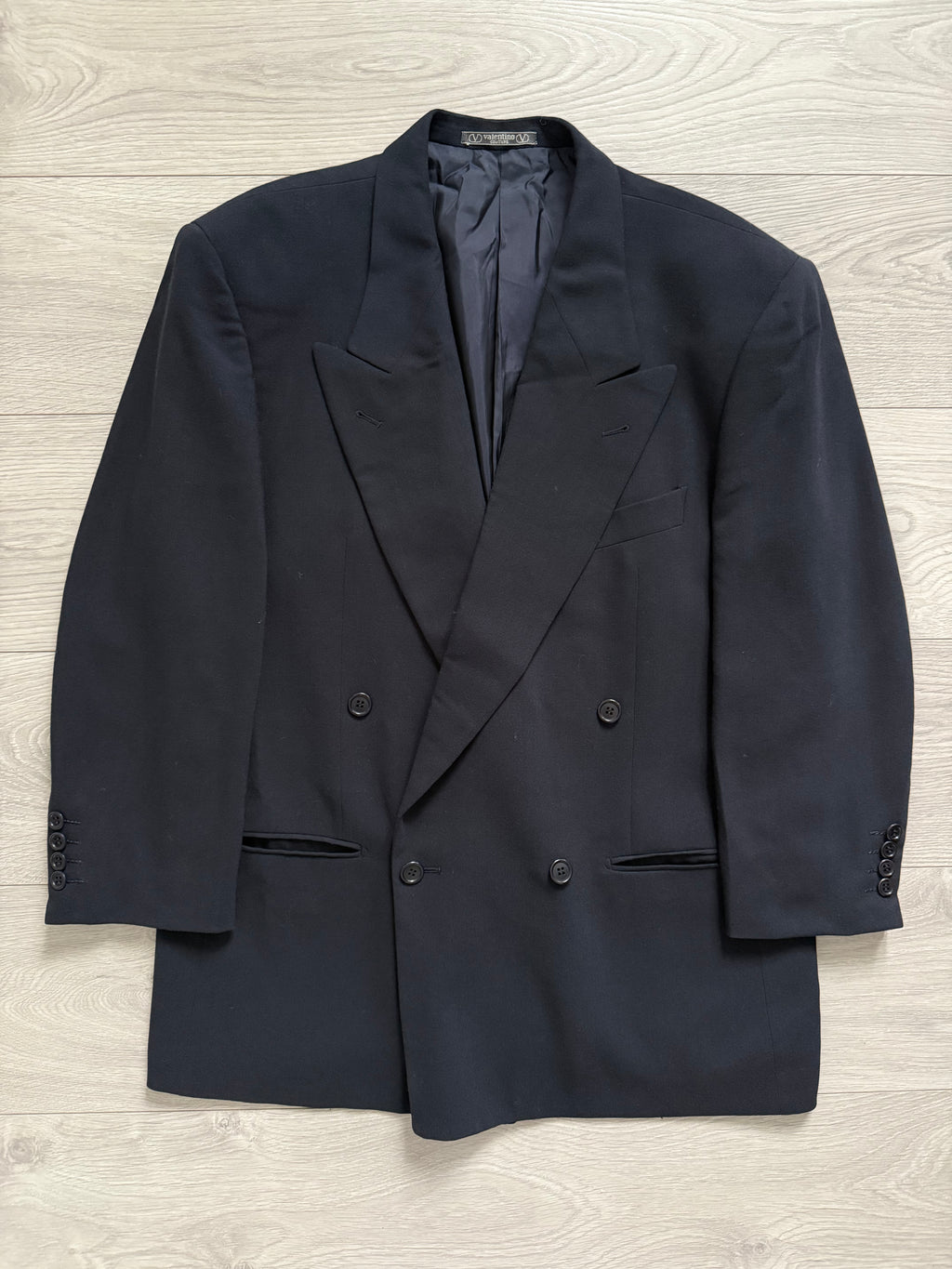 Valentino 1980s Peaked Lapel Double Breasted Wool Sports Blazer Jacket Navy - Size M