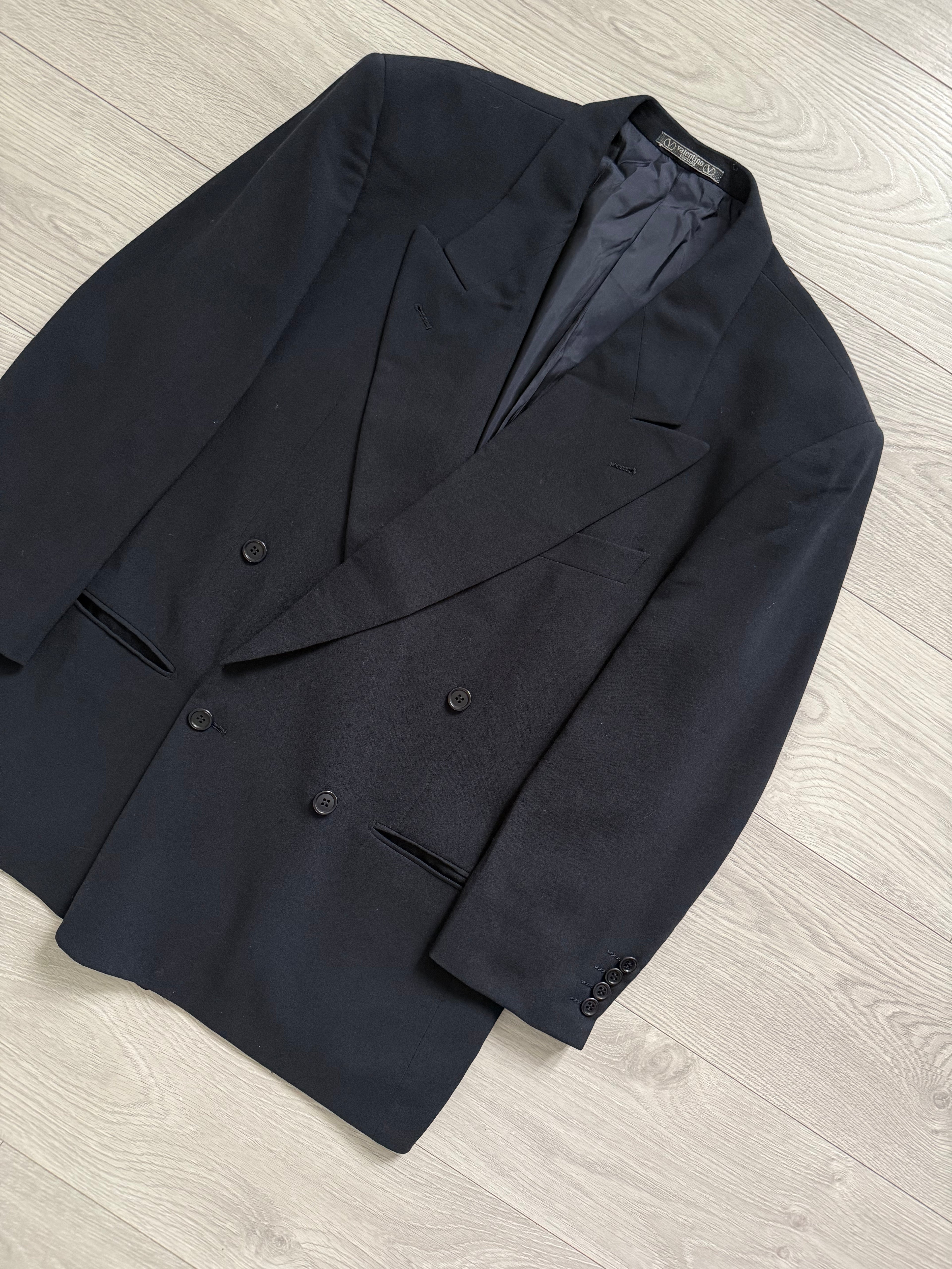 Valentino 1980s Peaked Lapel Double Breasted Wool Sports Blazer Jacket Navy - Size M