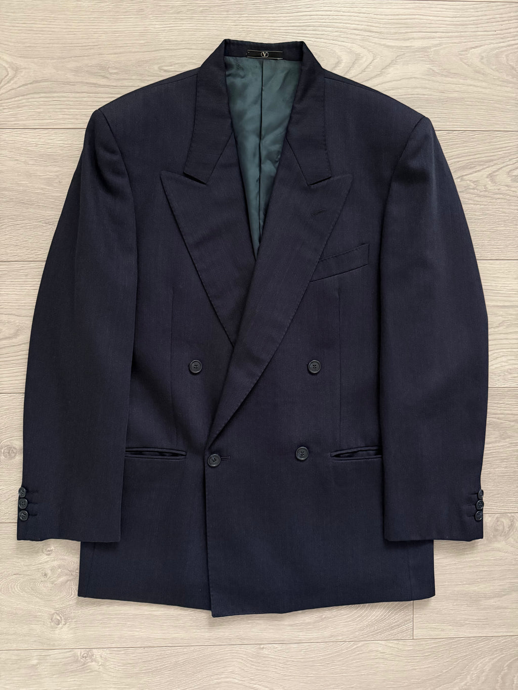 Valentino 1980s Peaked Lapel Double Breasted Textured Wool Sports Blazer Jacket Blue - Size M