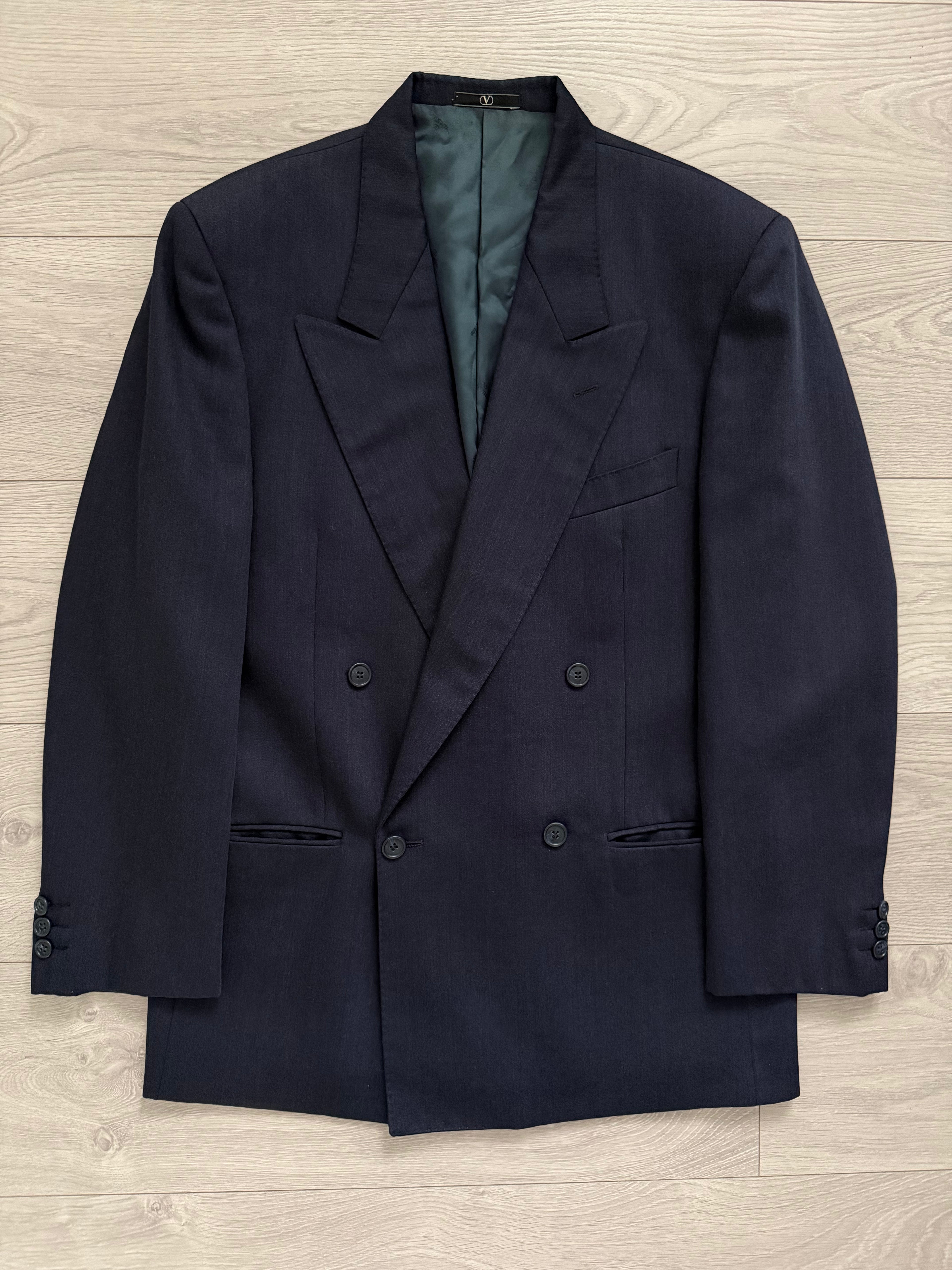 Valentino 1980s Peaked Lapel Double Breasted Textured Wool Sports Blazer Jacket Blue - Size M