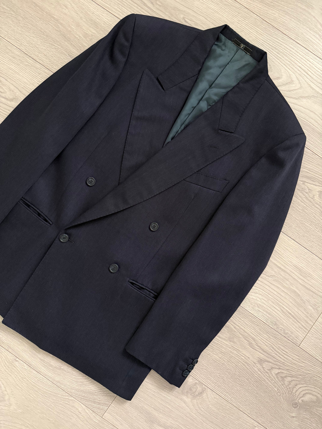 Valentino 1980s Peaked Lapel Double Breasted Textured Wool Sports Blazer Jacket Blue - Size M