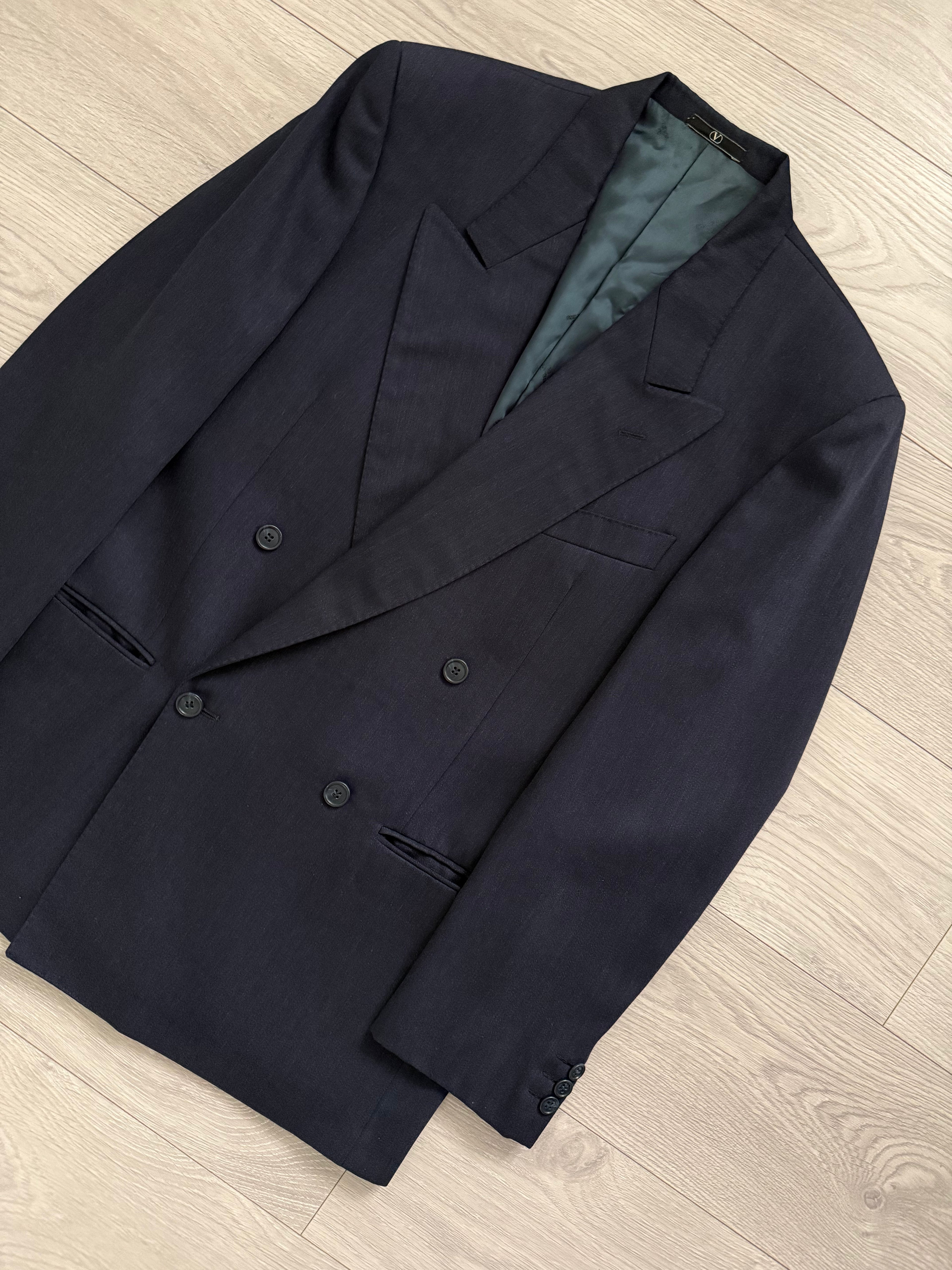 Valentino 1980s Peaked Lapel Double Breasted Textured Wool Sports Blazer Jacket Blue - Size M