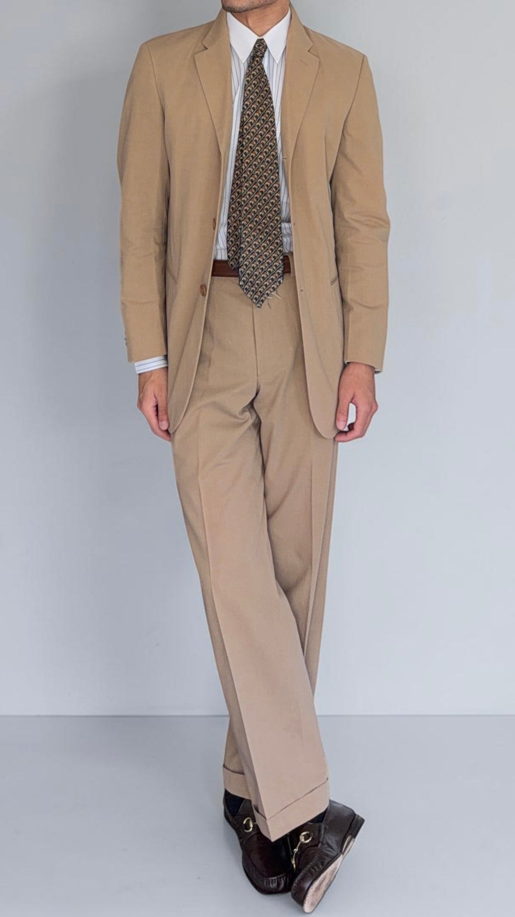 Giorgio Armani Black Label 1990s Taupe Beige 3B Cotton Suit - Size S Jacket / 30" Waist