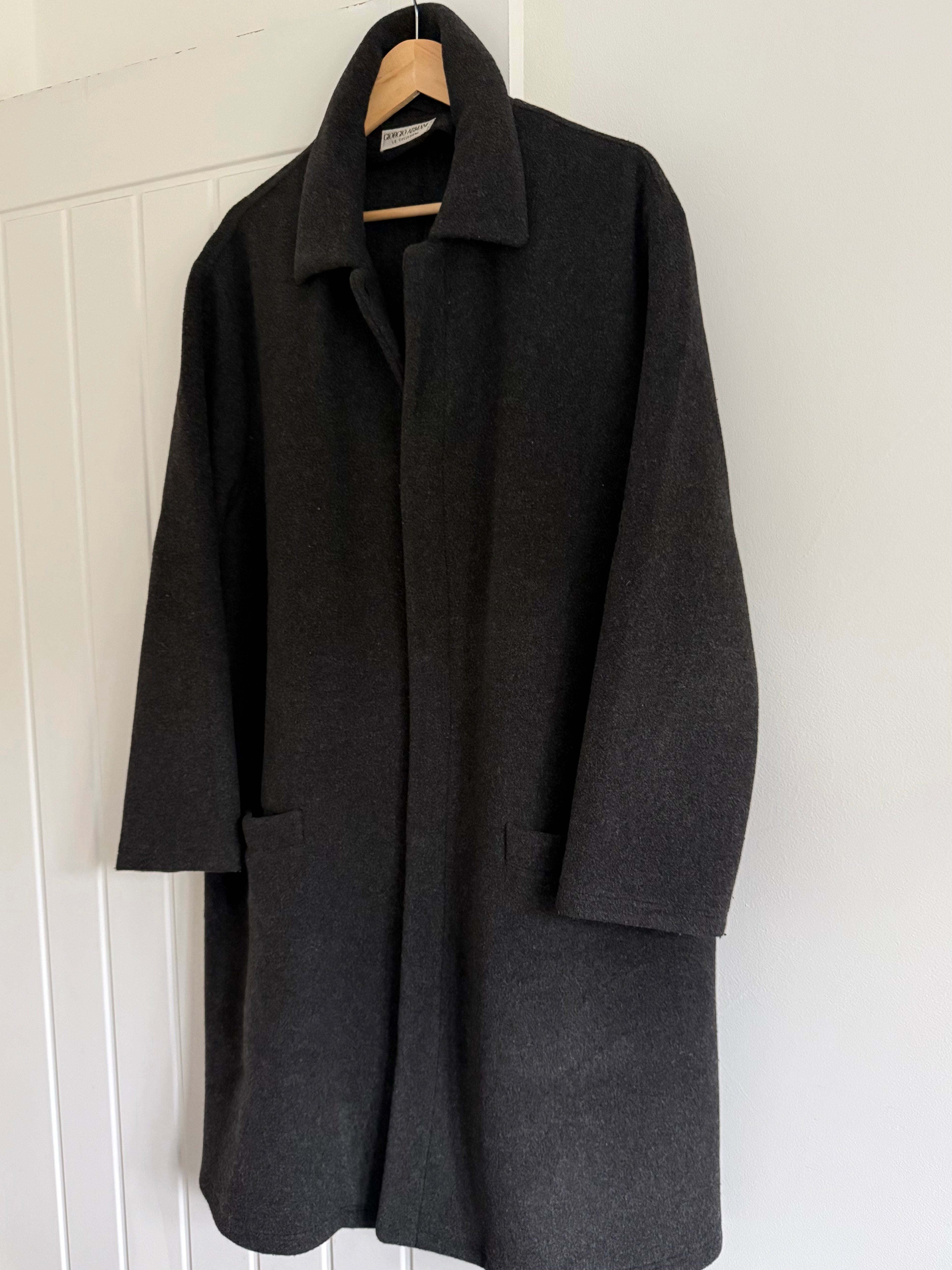 Giorgio Armani 1980s Felt Wool Snap Closure Charcoal Grey Overcoat - Size M