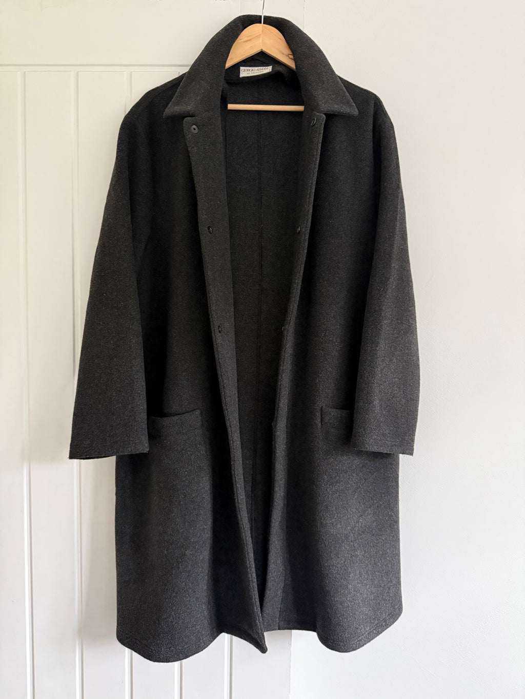 Giorgio Armani 1980s Felt Wool Snap Closure Charcoal Grey Overcoat - Size M