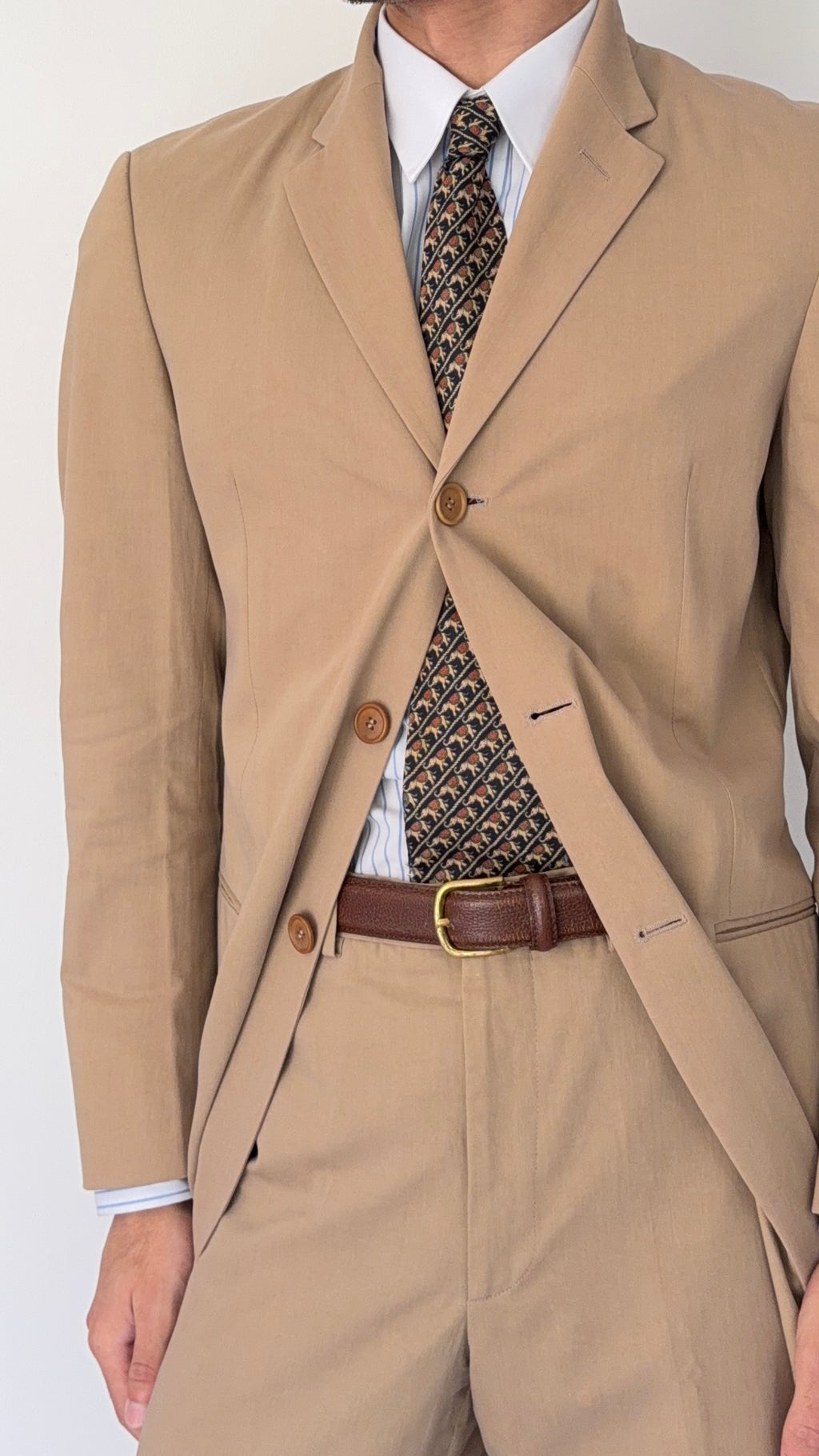Giorgio Armani Black Label 1990s Taupe Beige 3B Cotton Suit - Size S Jacket / 30" Waist