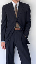 Armani 1990s Pleated 3B Wool Striped Suit Navy Blue- Size S Jacket / 32" Waist