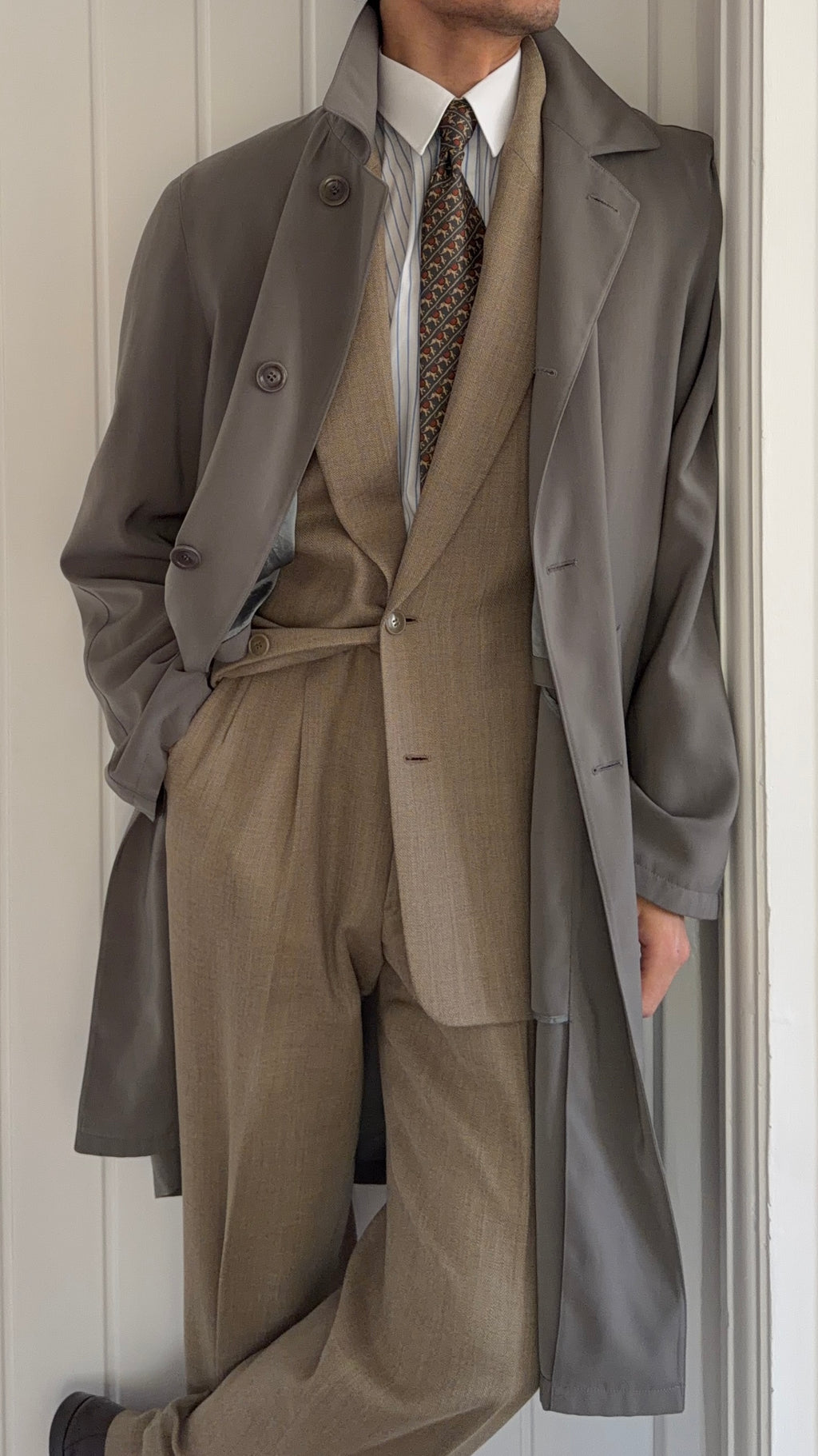 Giorgio Armani 1980s Draped Balmacaan Overcoat Taupe Grey - Size M