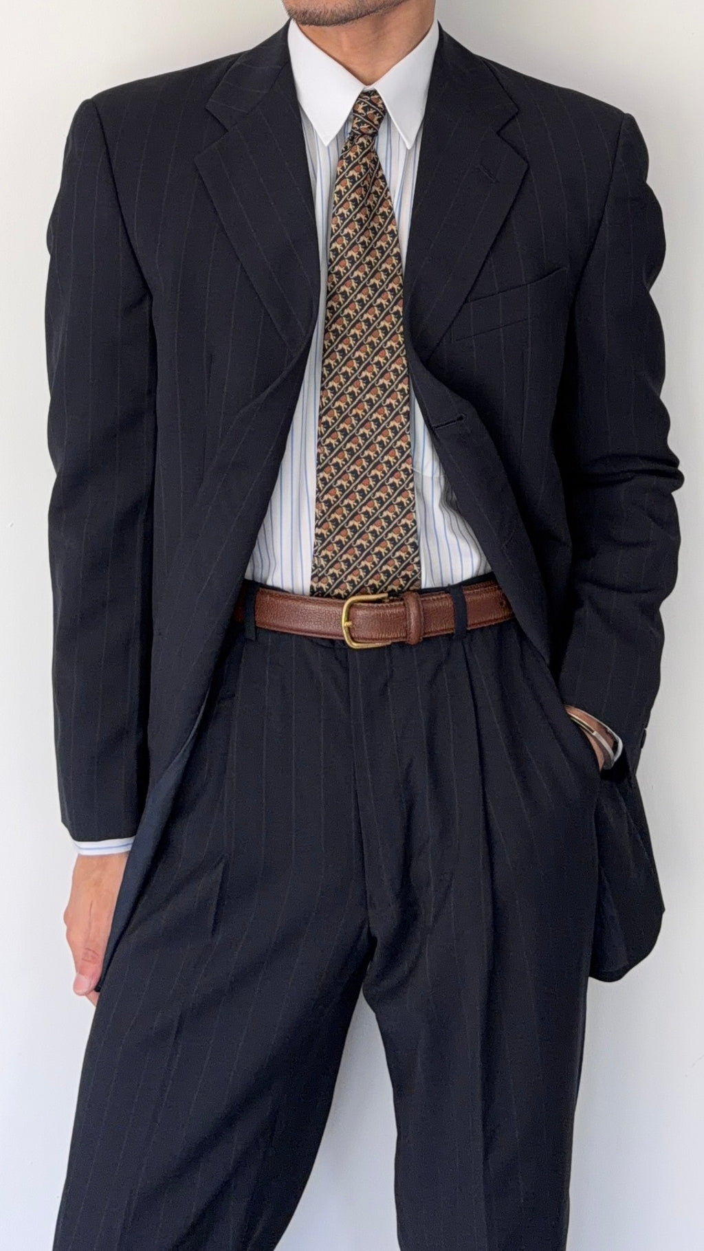 Armani 1990s Pleated 3B Wool Striped Suit Navy Blue- Size S Jacket / 32" Waist