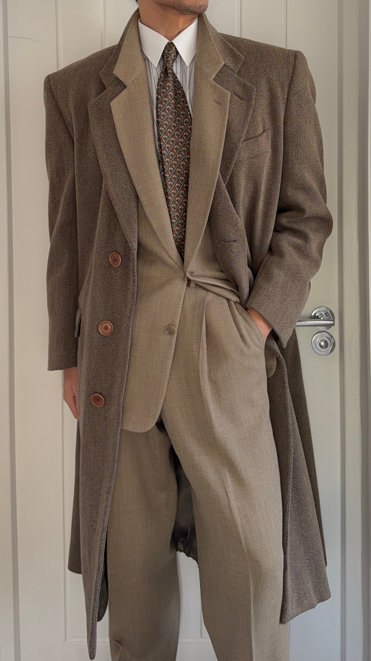 Giorgio Armani 1980s Herringbone Wool Coat Taupe Brown - Size L