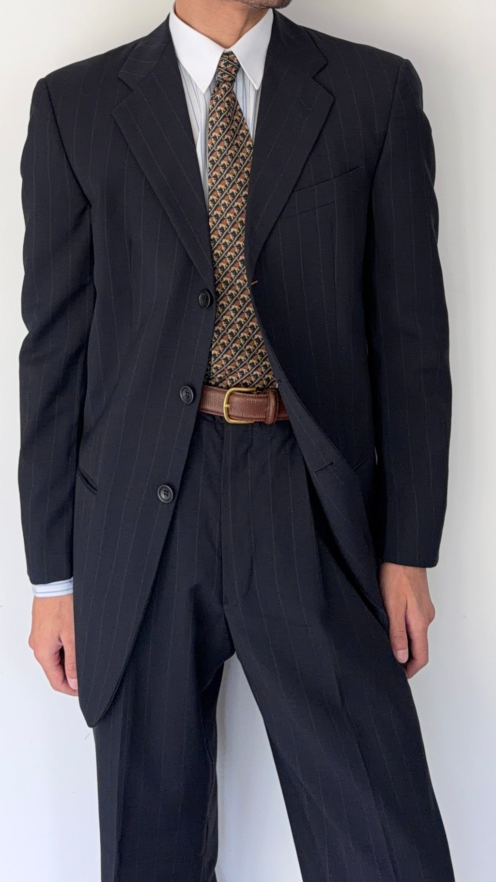 Armani 1990s Pleated 3B Wool Striped Suit Navy Blue- Size S Jacket / 32" Waist