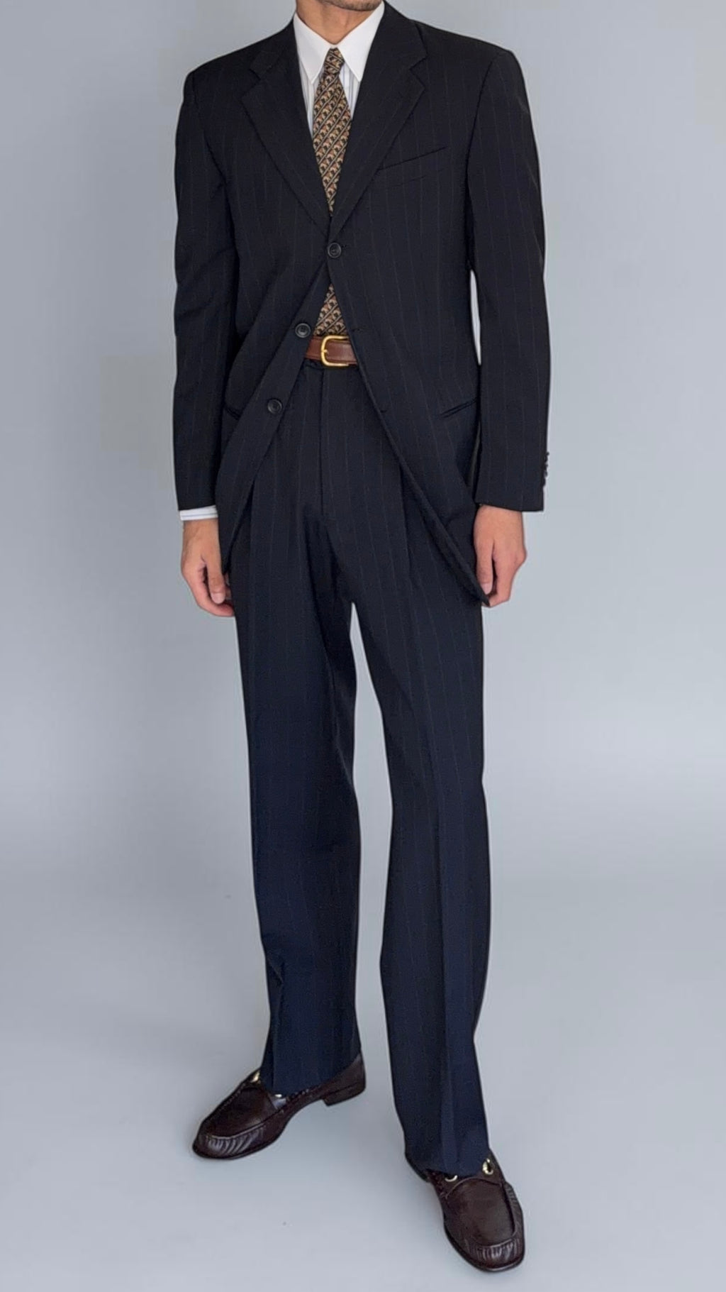 Armani 1990s Pleated 3B Wool Striped Suit Navy Blue- Size S Jacket / 32" Waist