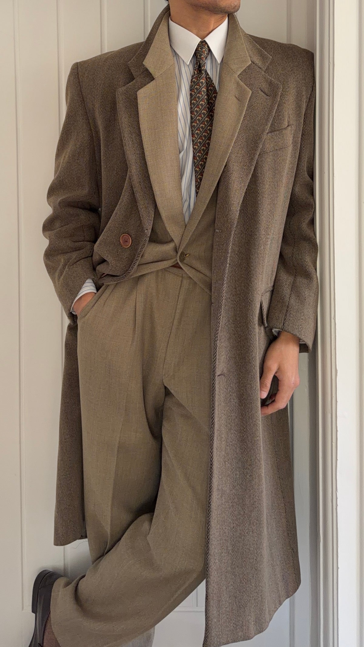 Giorgio Armani 1980s Herringbone Wool Coat Taupe Brown - Size L