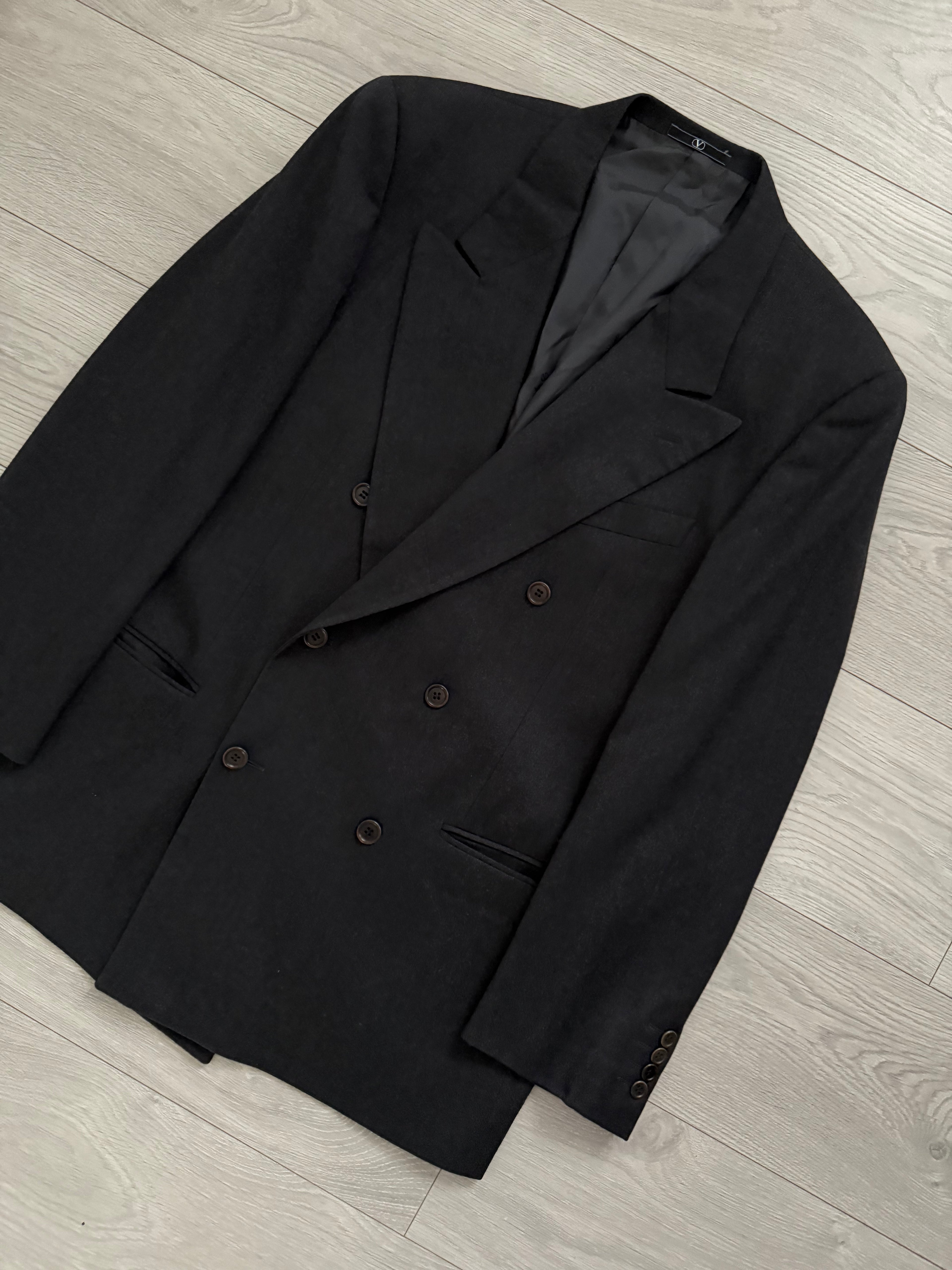 Valentino 1980s Peaked Lapel Double Breasted Pleated Wool Suit Grey - Size XL Jacket / 35" Waist