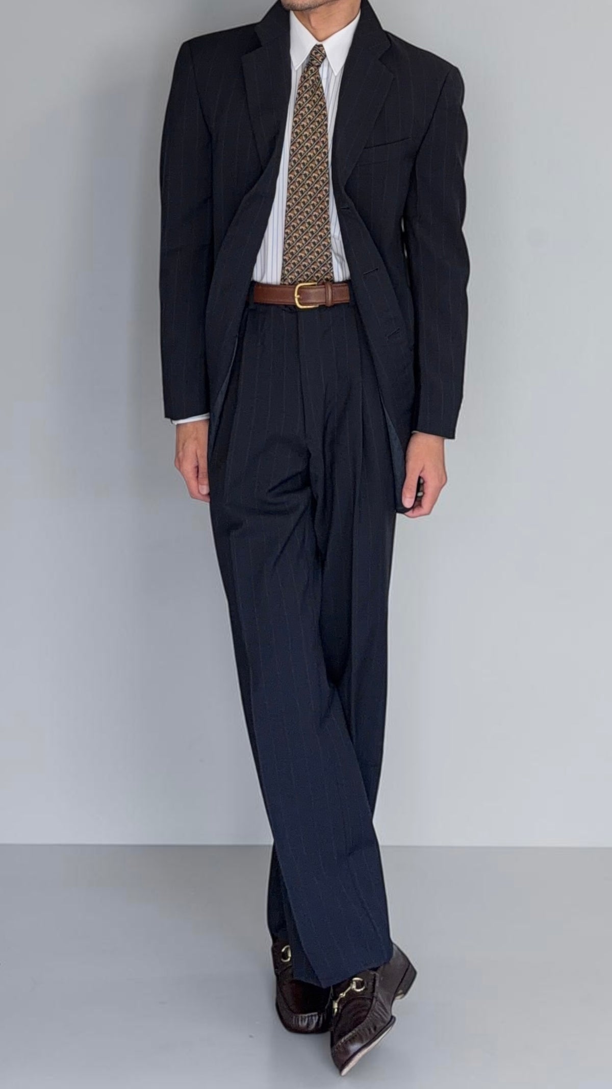 Armani 1990s Pleated 3B Wool Striped Suit Navy Blue- Size S Jacket / 32" Waist