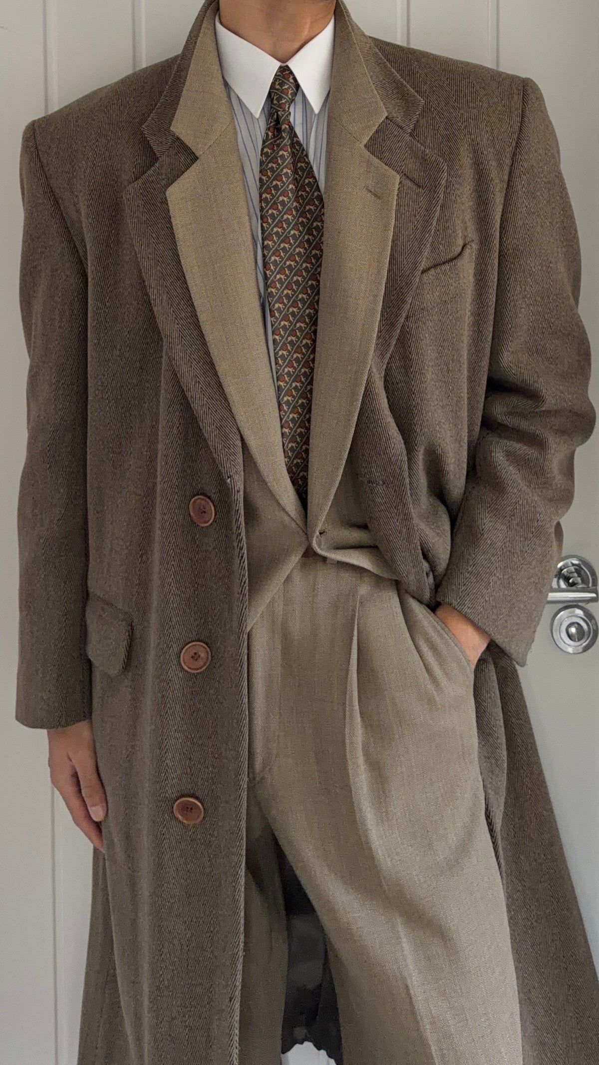 Giorgio Armani 1980s Herringbone Wool Coat Taupe Brown - Size L