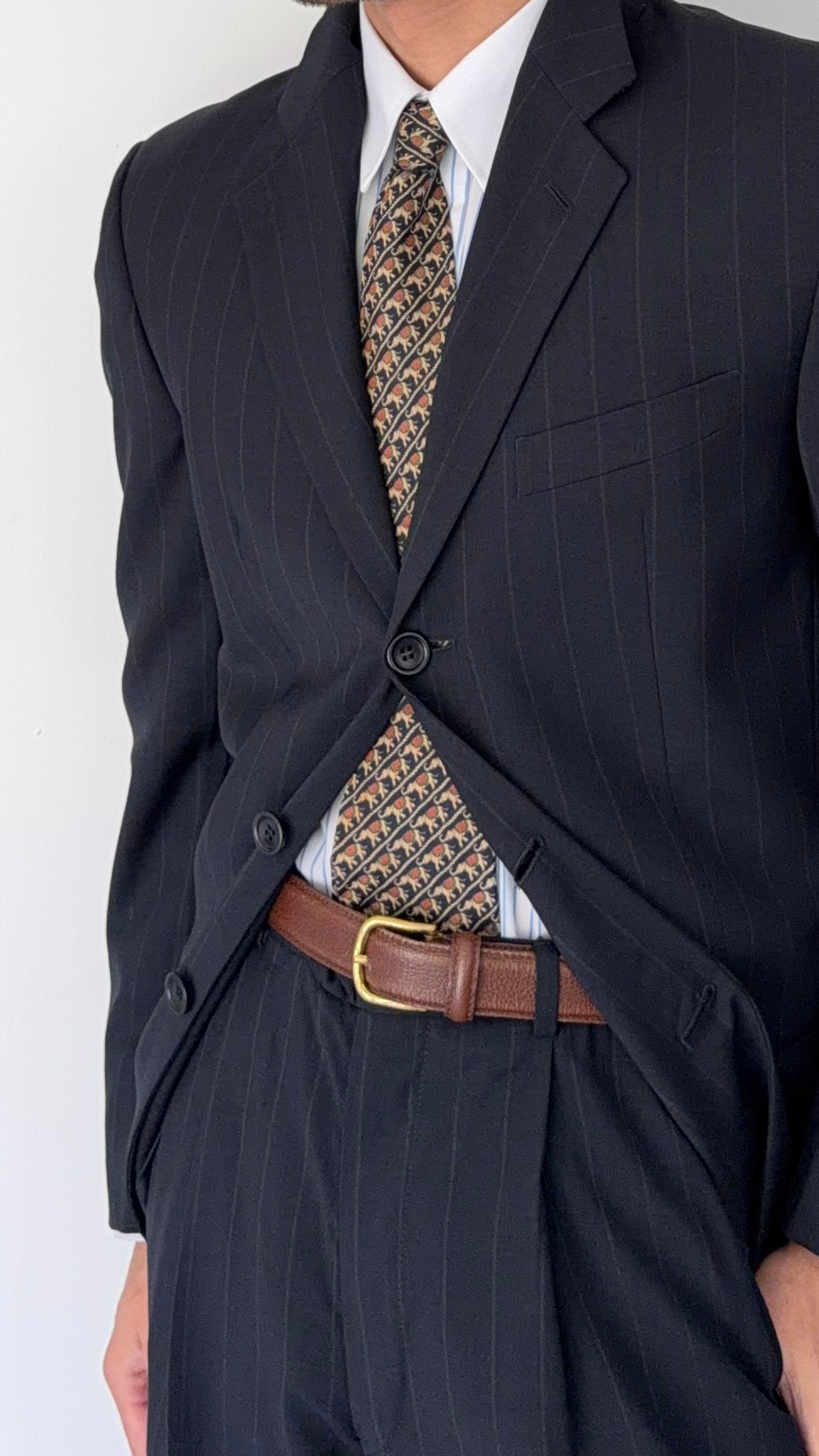 Armani 1990s Pleated 3B Wool Striped Suit Navy Blue- Size S Jacket / 32" Waist
