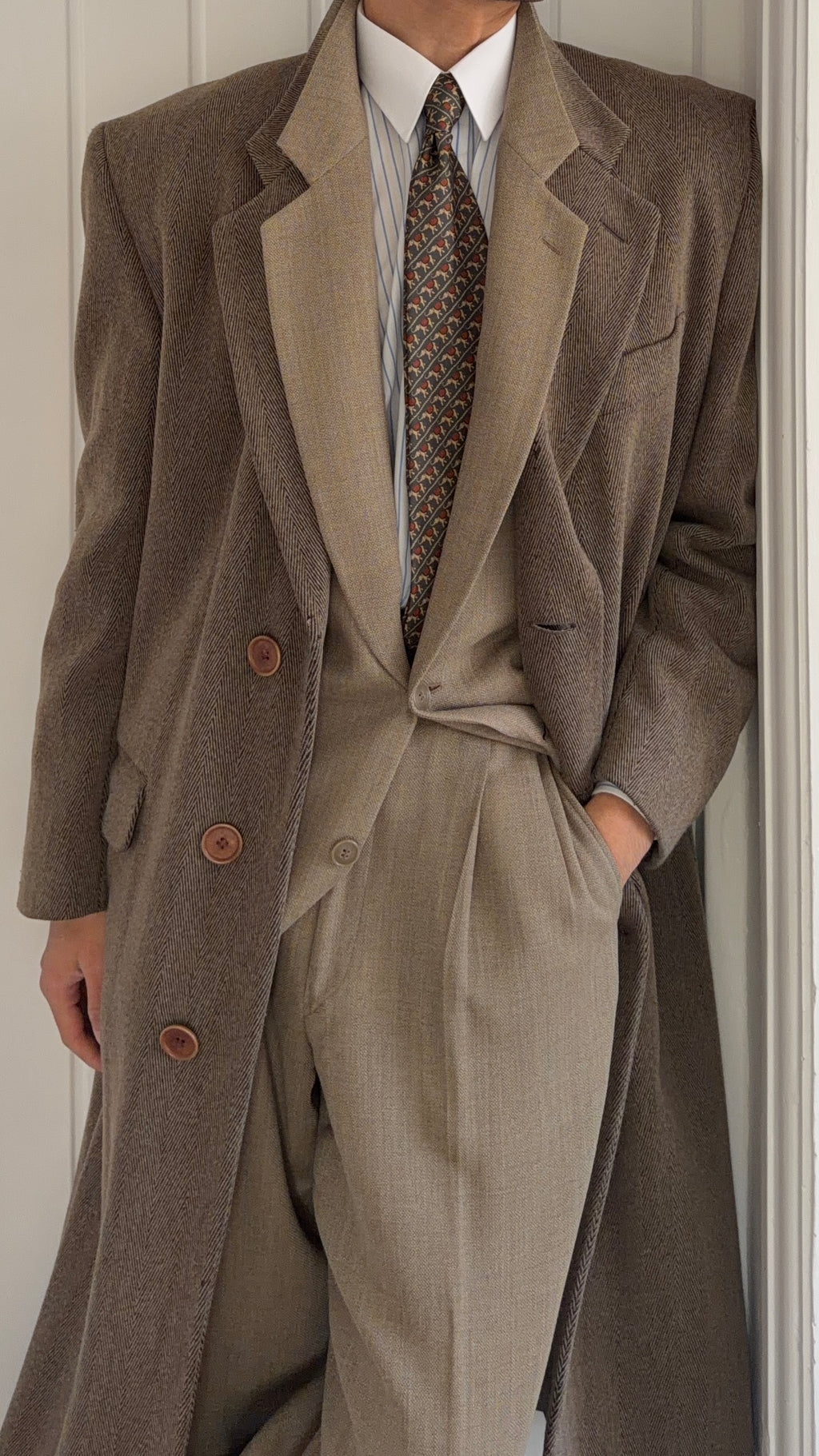 Giorgio Armani 1980s Herringbone Wool Coat Taupe Brown - Size L