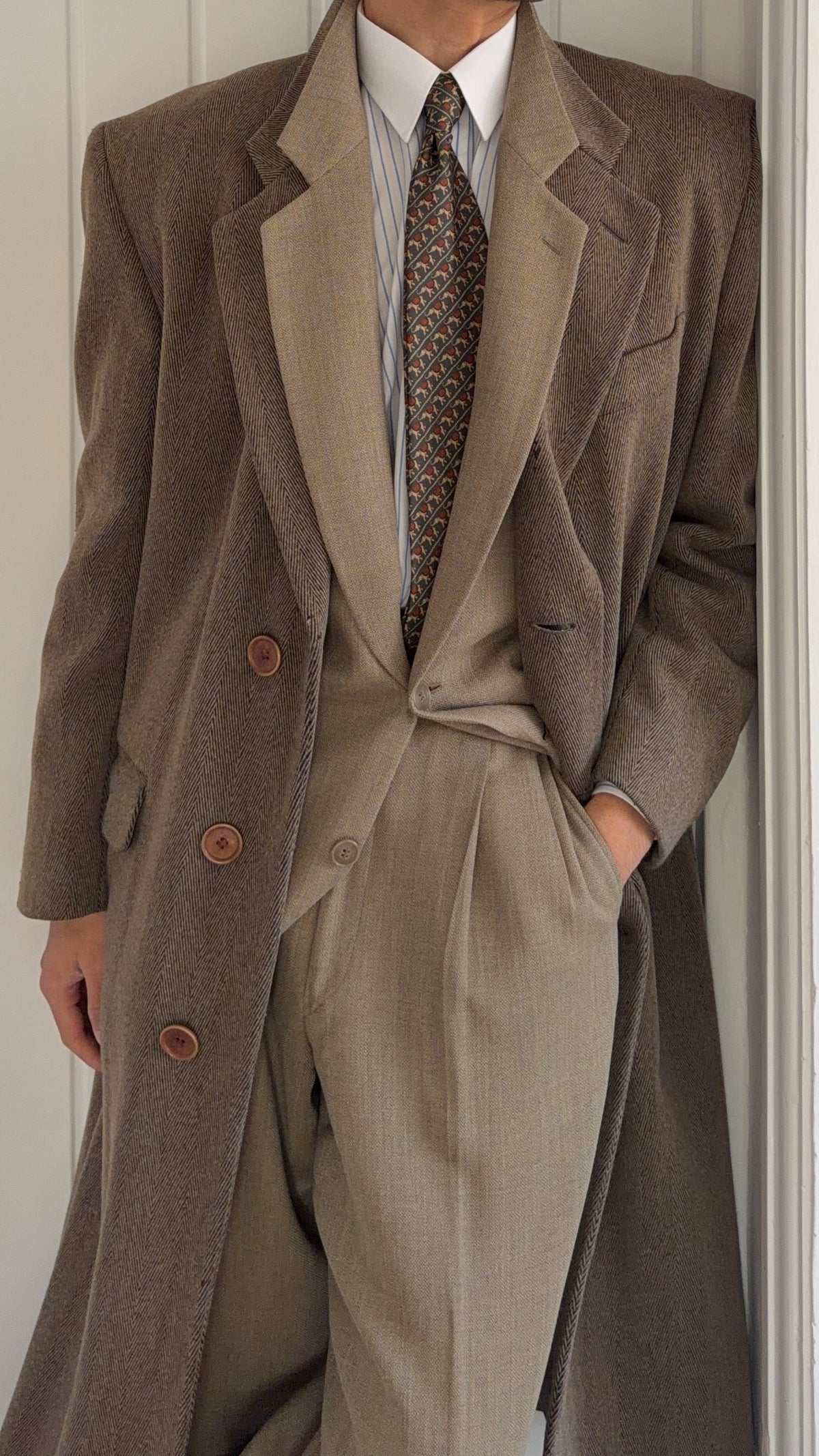 Giorgio Armani 1980s Herringbone Wool Coat Taupe Brown - Size L