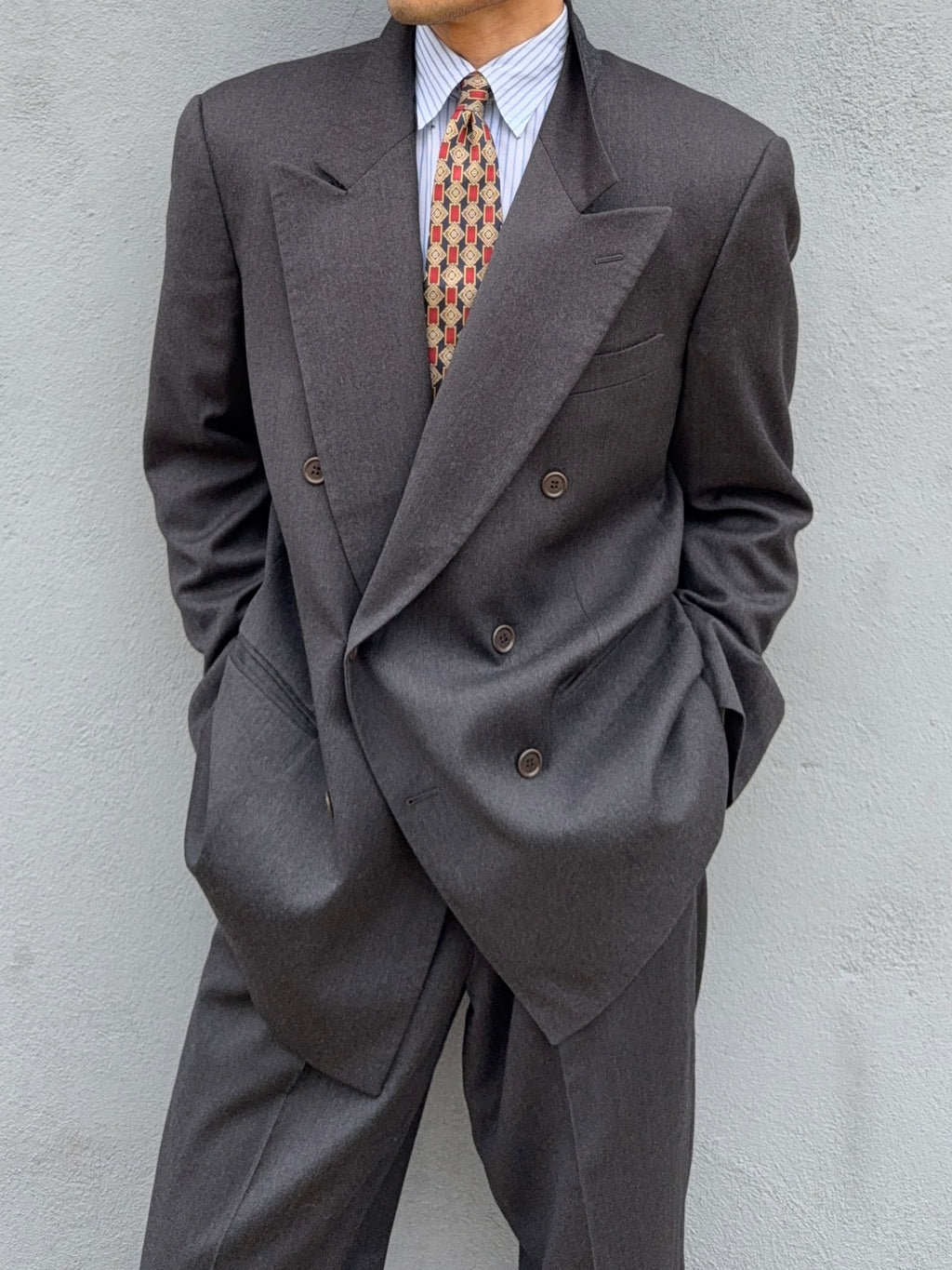 Valentino 1980s Peaked Lapel Double Breasted Pleated Wool Suit Grey - Size XL Jacket / 35" Waist