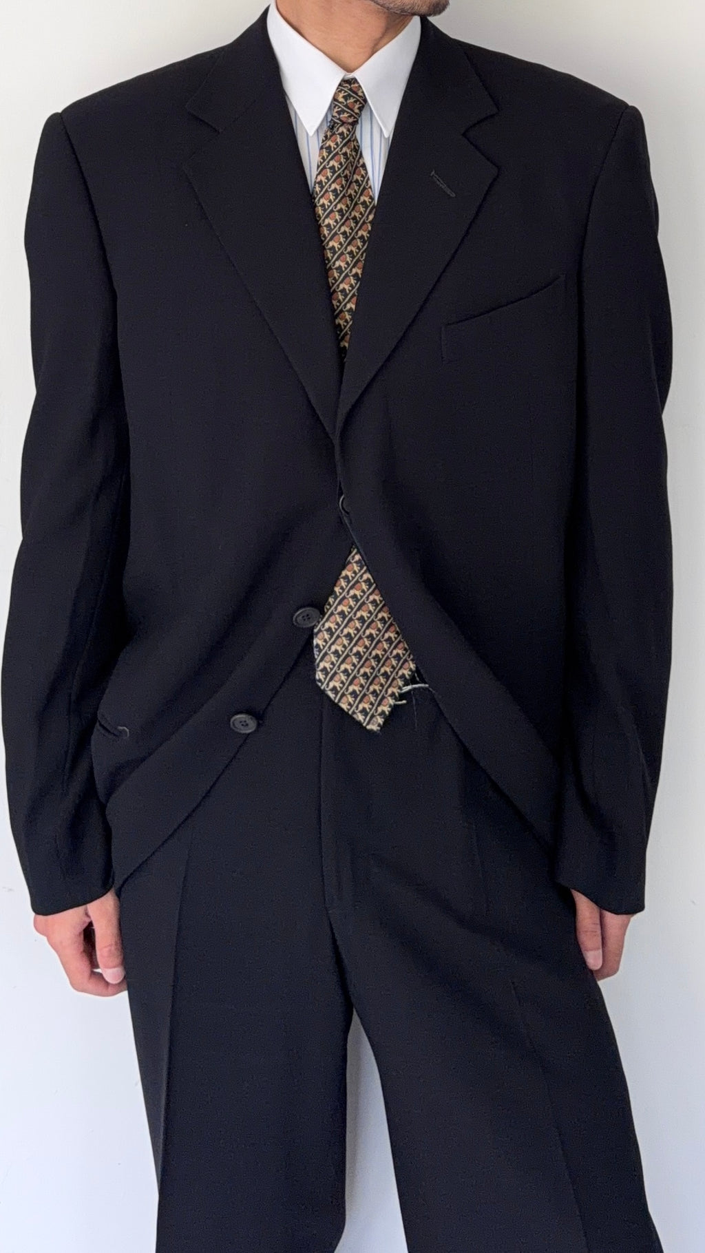 Giorgio Armani 1980s Concealed 3B Pleated Draped Wool Suit Navy Blue - Size XL Jacket / 35" Waist