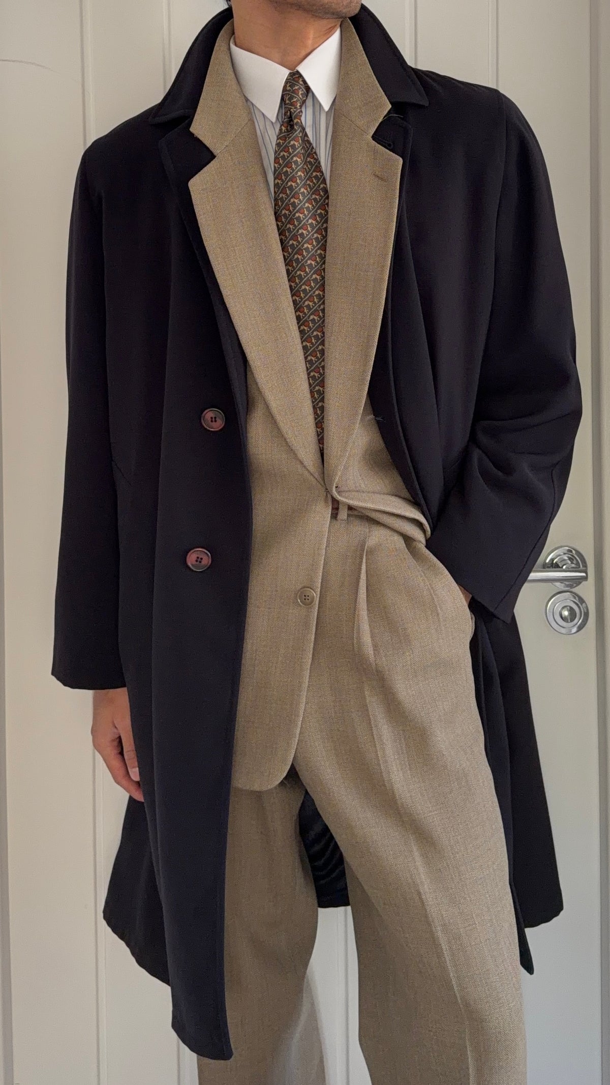 Giorgio Armani 1980s Draped Balmacaan Marbled Button Overcoat Dark Navy - Size M
