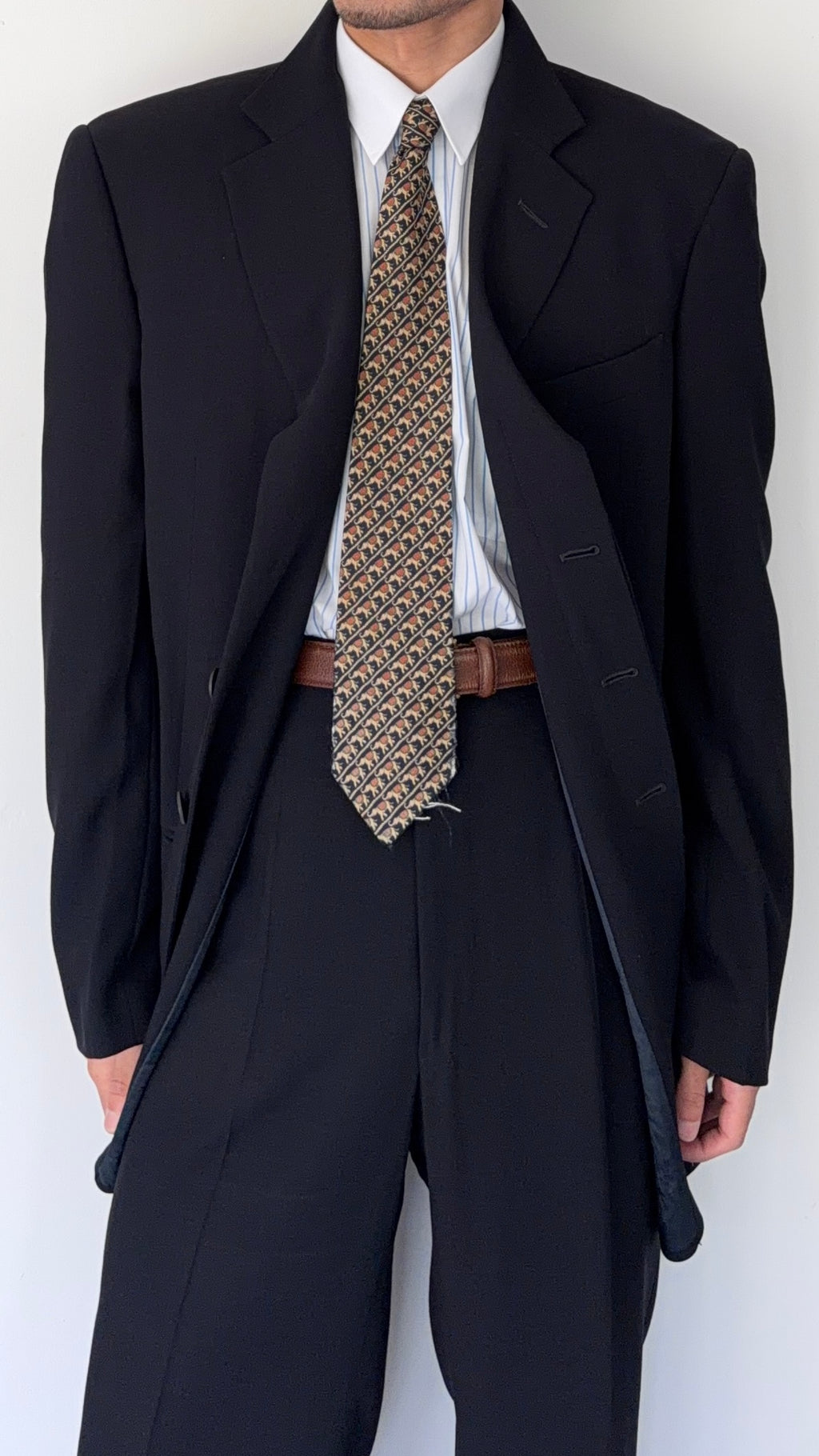 Giorgio Armani 1980s Concealed 3B Pleated Draped Wool Suit Navy Blue - Size XL Jacket / 35" Waist