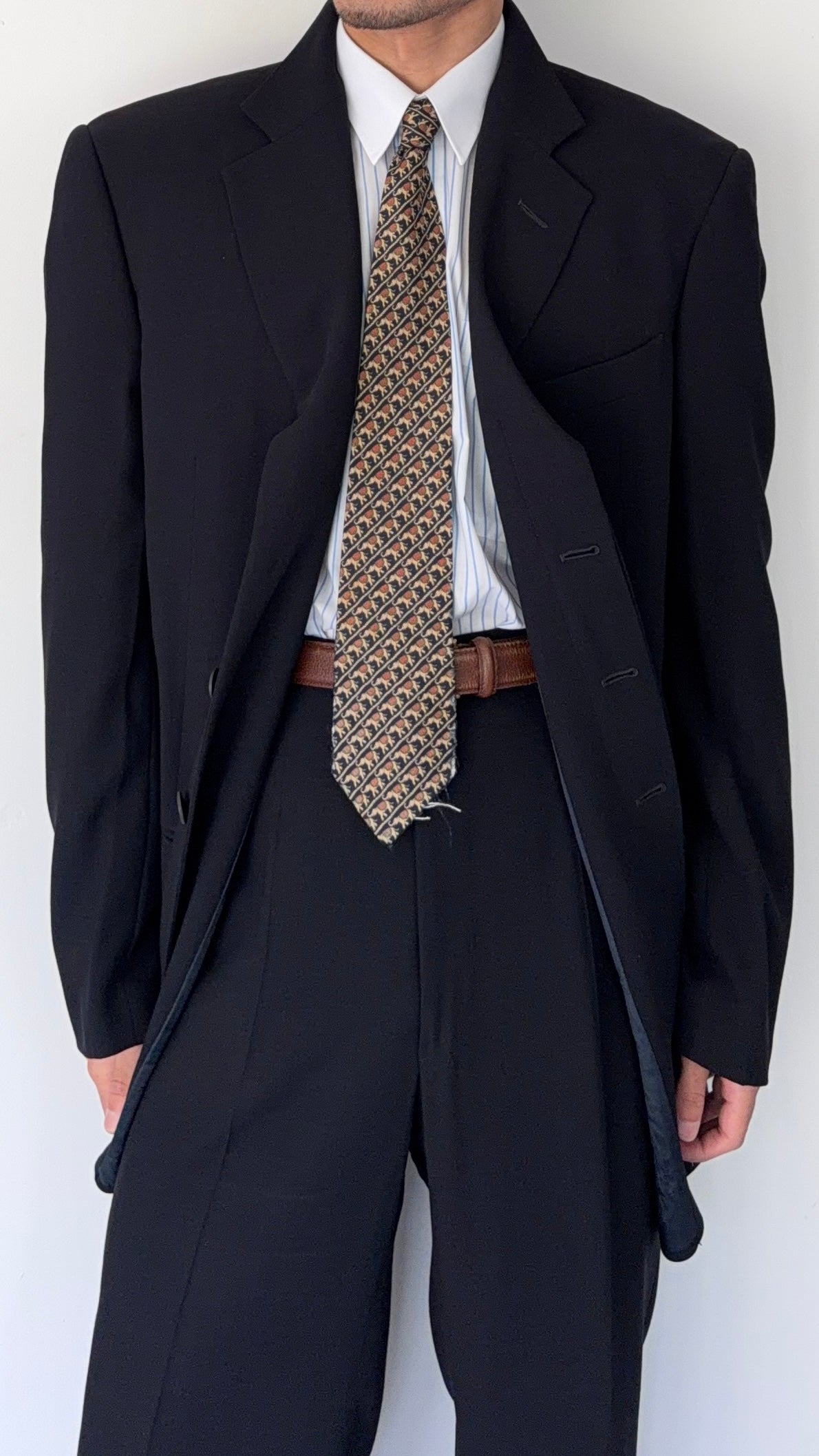 Giorgio Armani 1980s Concealed 3B Pleated Draped Wool Suit Navy Blue - Size XL Jacket / 35" Waist