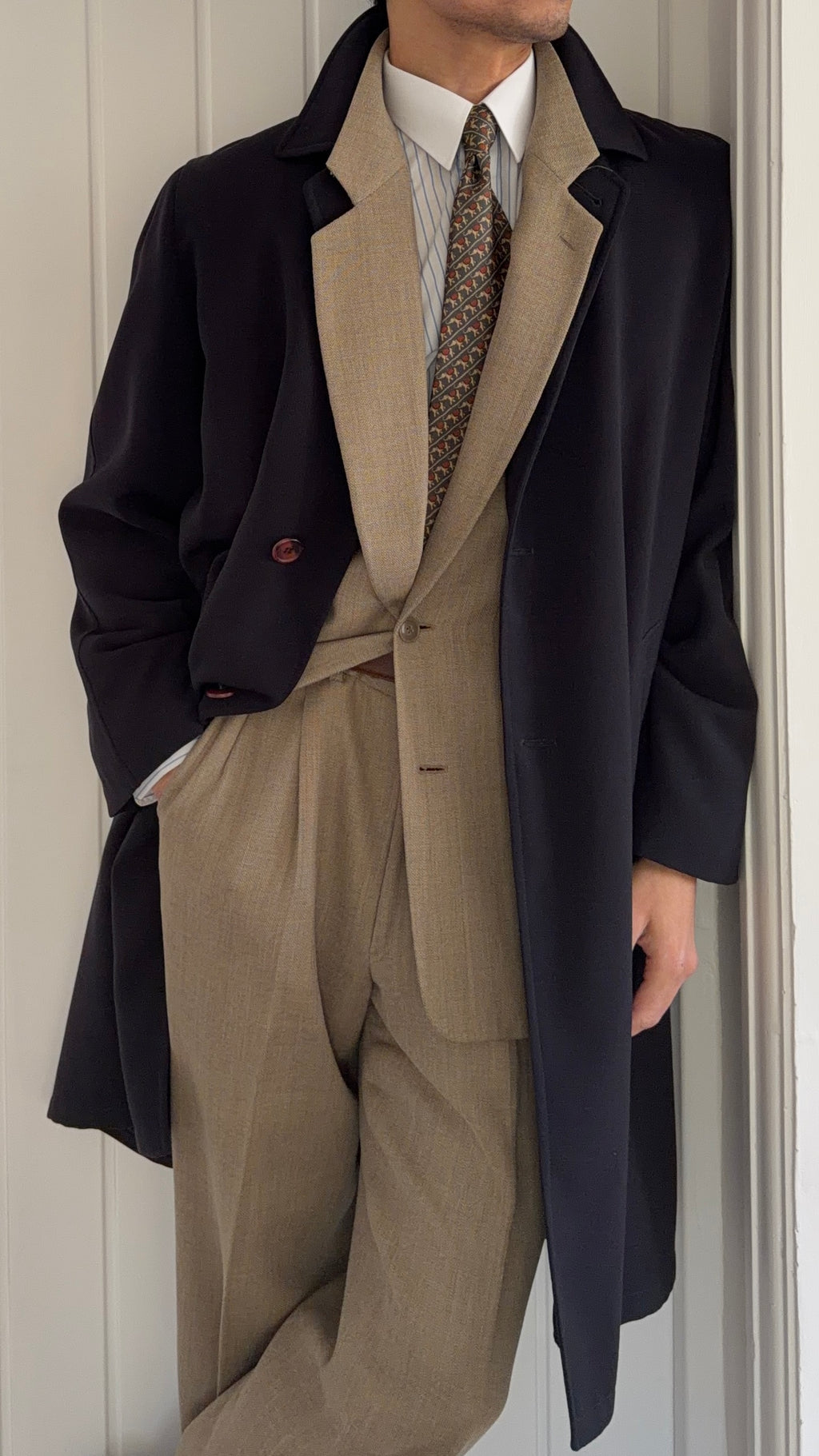 Giorgio Armani 1980s Draped Balmacaan Marbled Button Overcoat Dark Navy - Size M