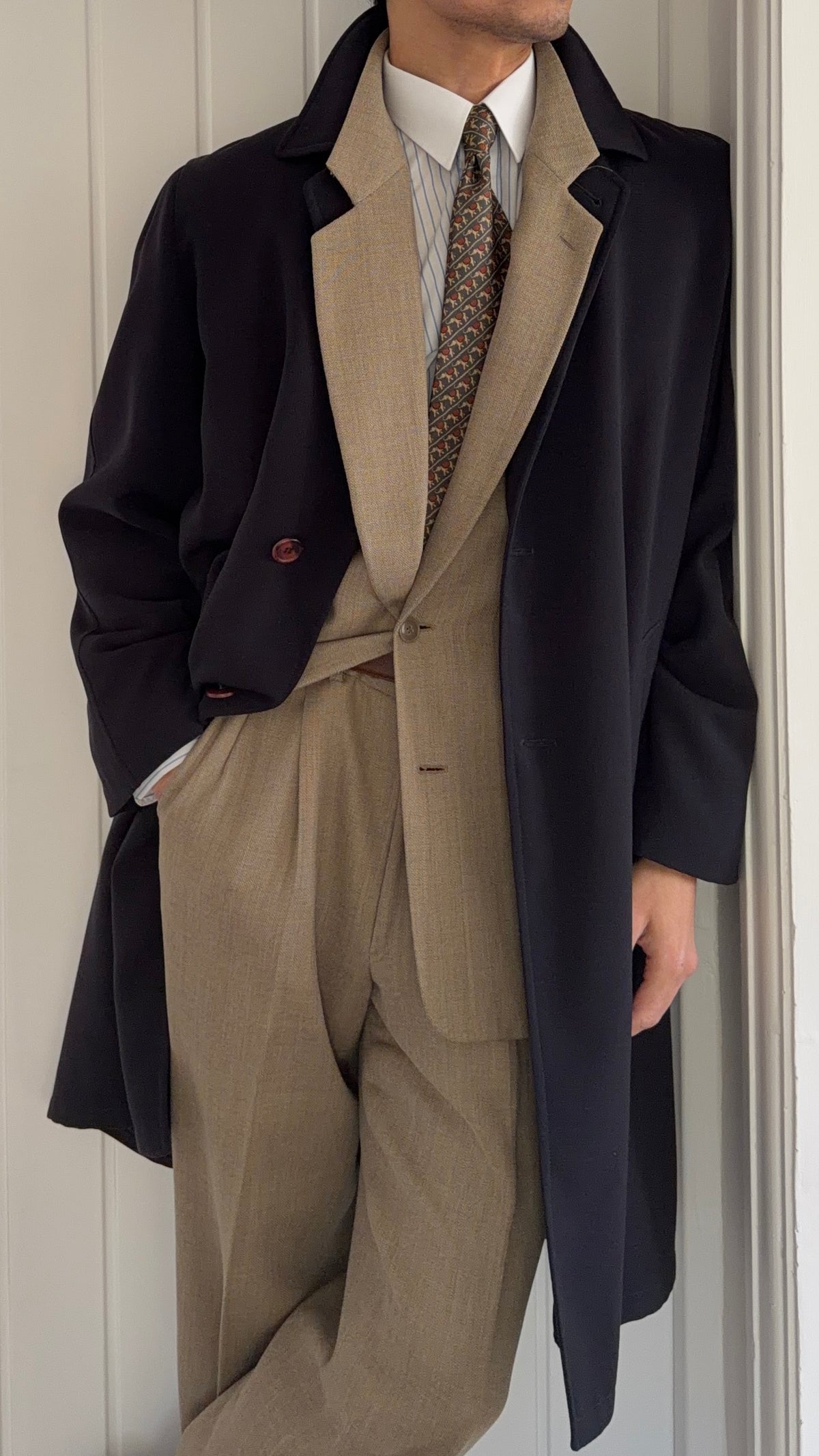 Giorgio Armani 1980s Draped Balmacaan Marbled Button Overcoat Dark Navy - Size M