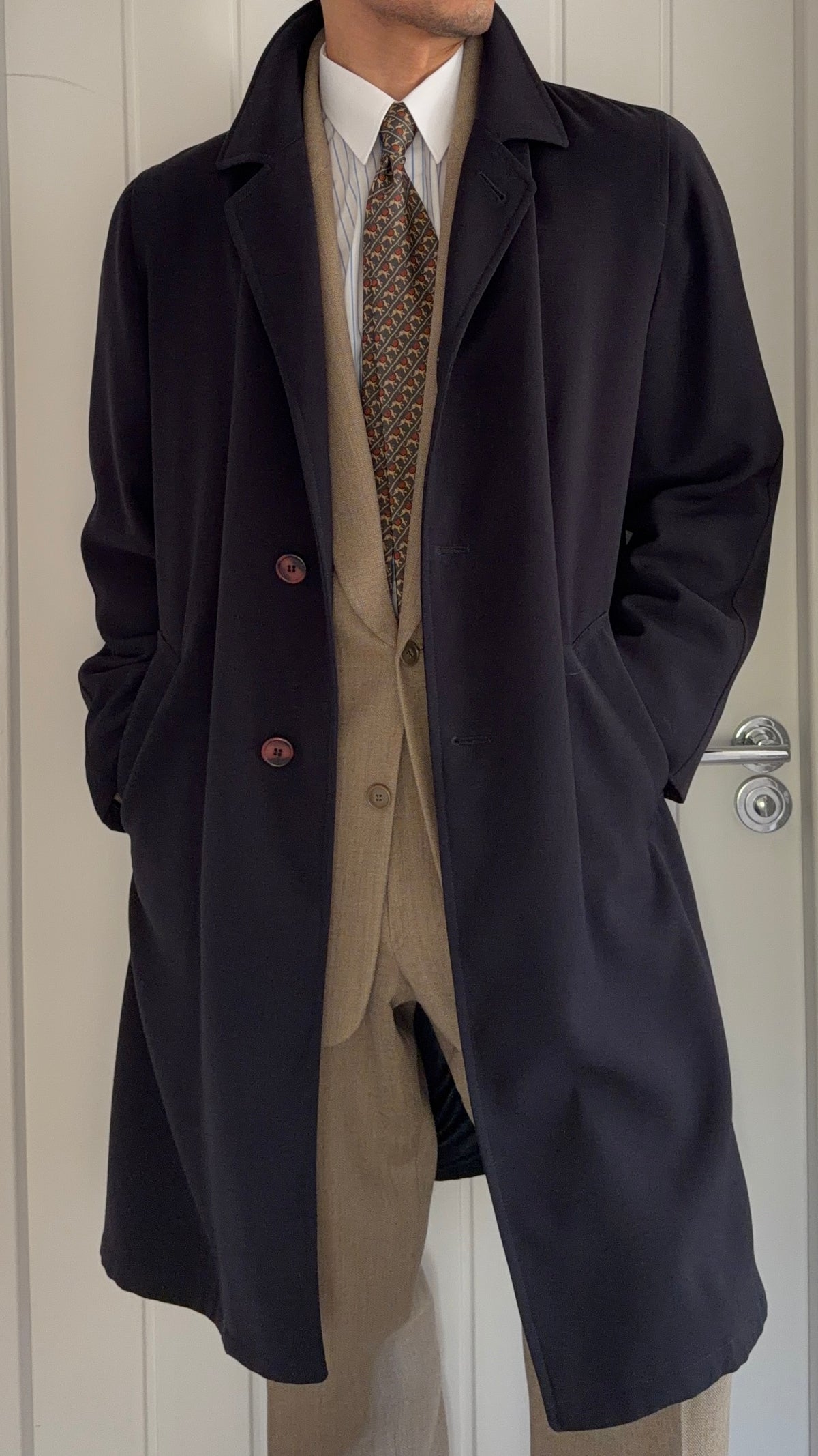 Giorgio Armani 1980s Draped Balmacaan Marbled Button Overcoat Dark Navy - Size M