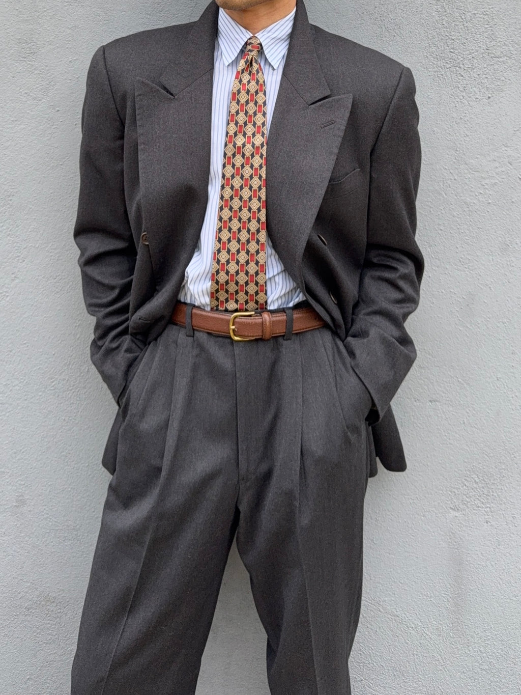Valentino 1980s Peaked Lapel Double Breasted Pleated Wool Suit Grey - Size XL Jacket / 35" Waist