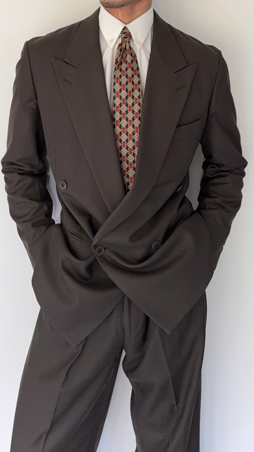 Emporio Armani 1980s Peaked Lapel Double Breasted Wool Suit - Size S Jacket / 31" Waist